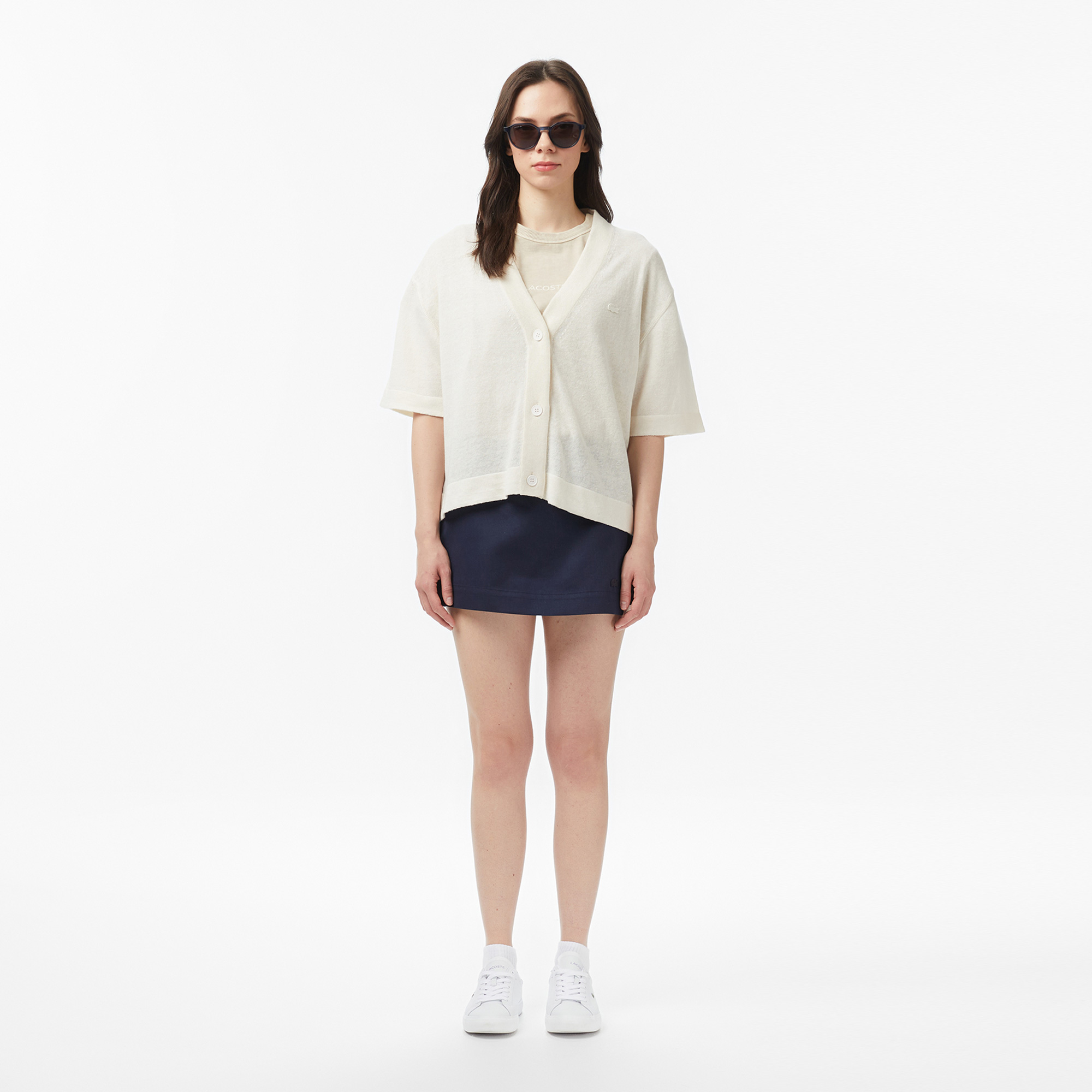 Lacoste Kadın Relaxed Fit Kısa Kollu V Yaka Keten Krem Hırka görsel 5