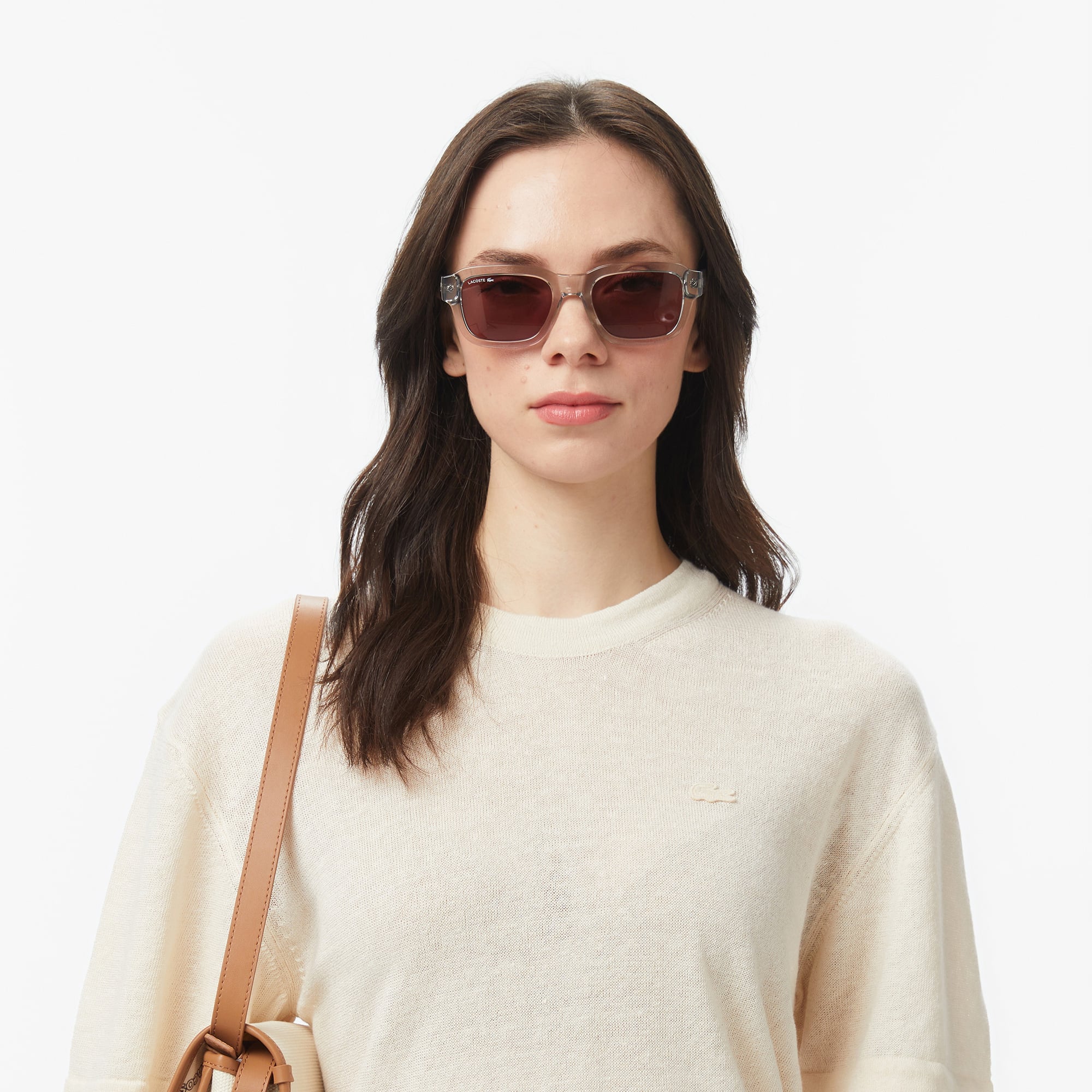 Lacoste Kadın Relaxed Fit Truvakar Kollu Bisiklet Yaka Keten Bej Triko görsel 2