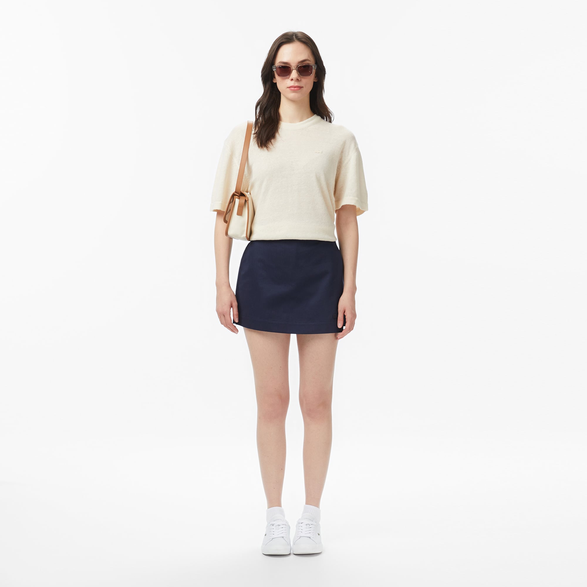 Lacoste Kadın Relaxed Fit Truvakar Kollu Bisiklet Yaka Keten Bej Triko görsel 6