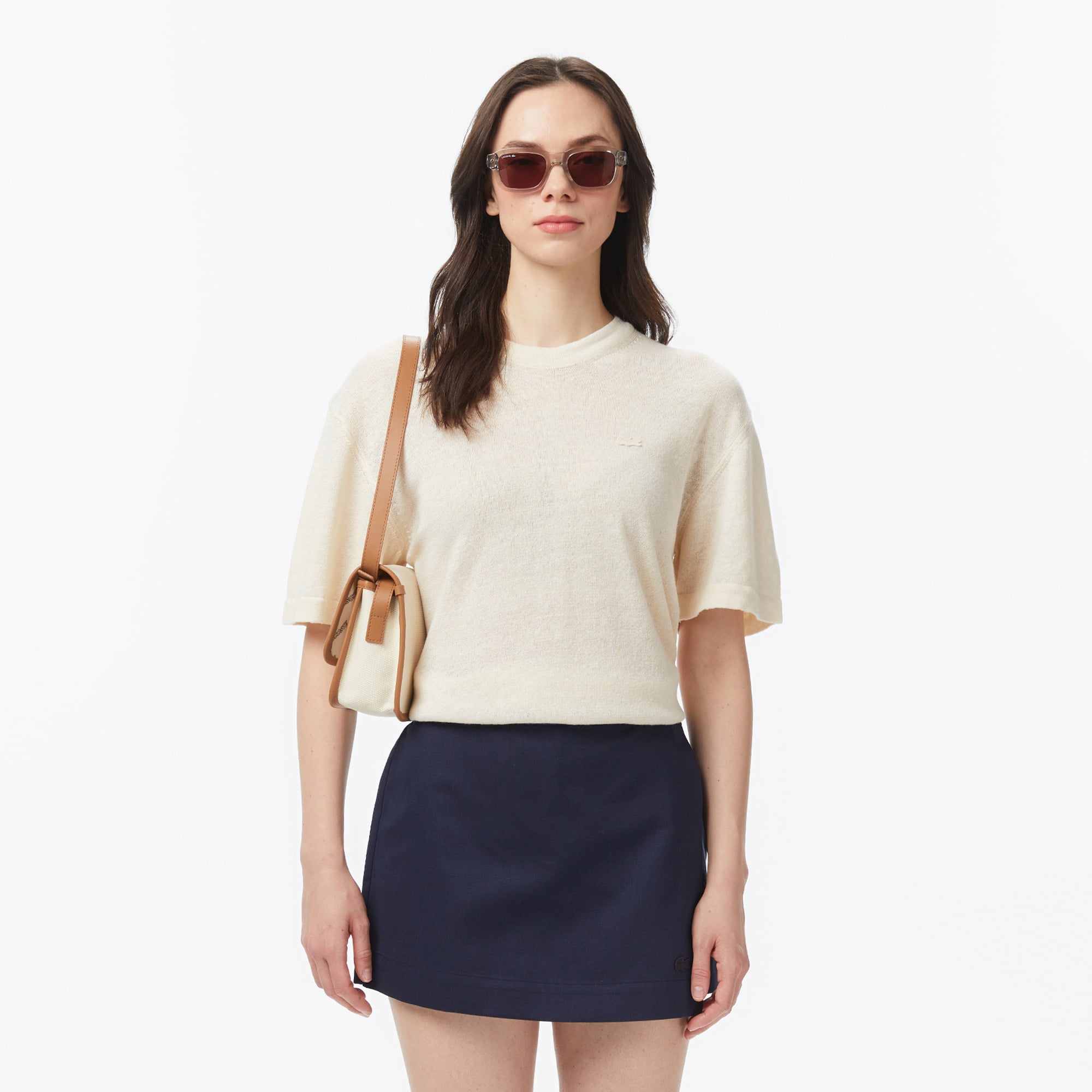Lacoste Kadın Relaxed Fit Truvakar Kollu Bisiklet Yaka Keten Bej Triko