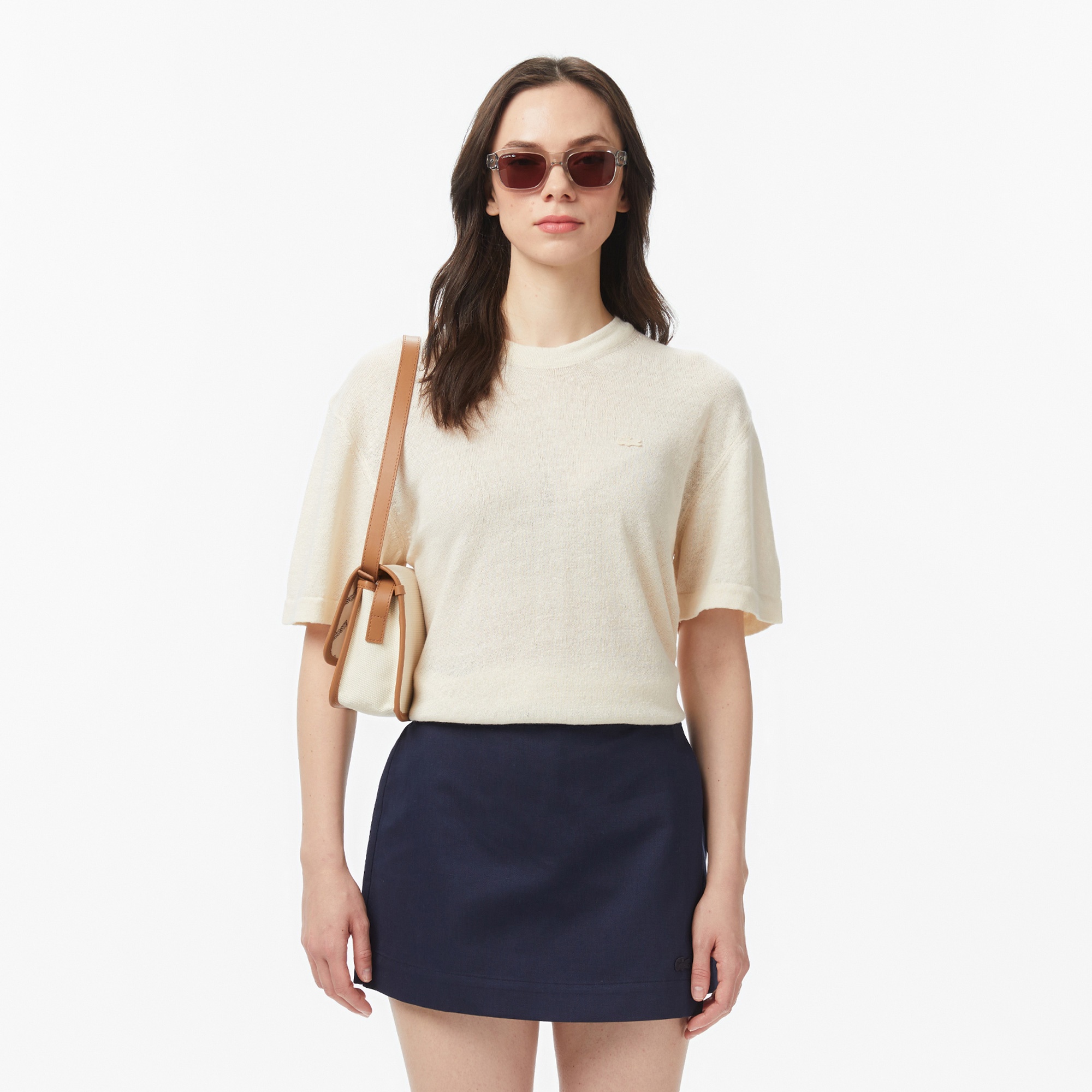 Kadın Relaxed Fit Truvakar Kollu Bisiklet Yaka Keten Bej Triko