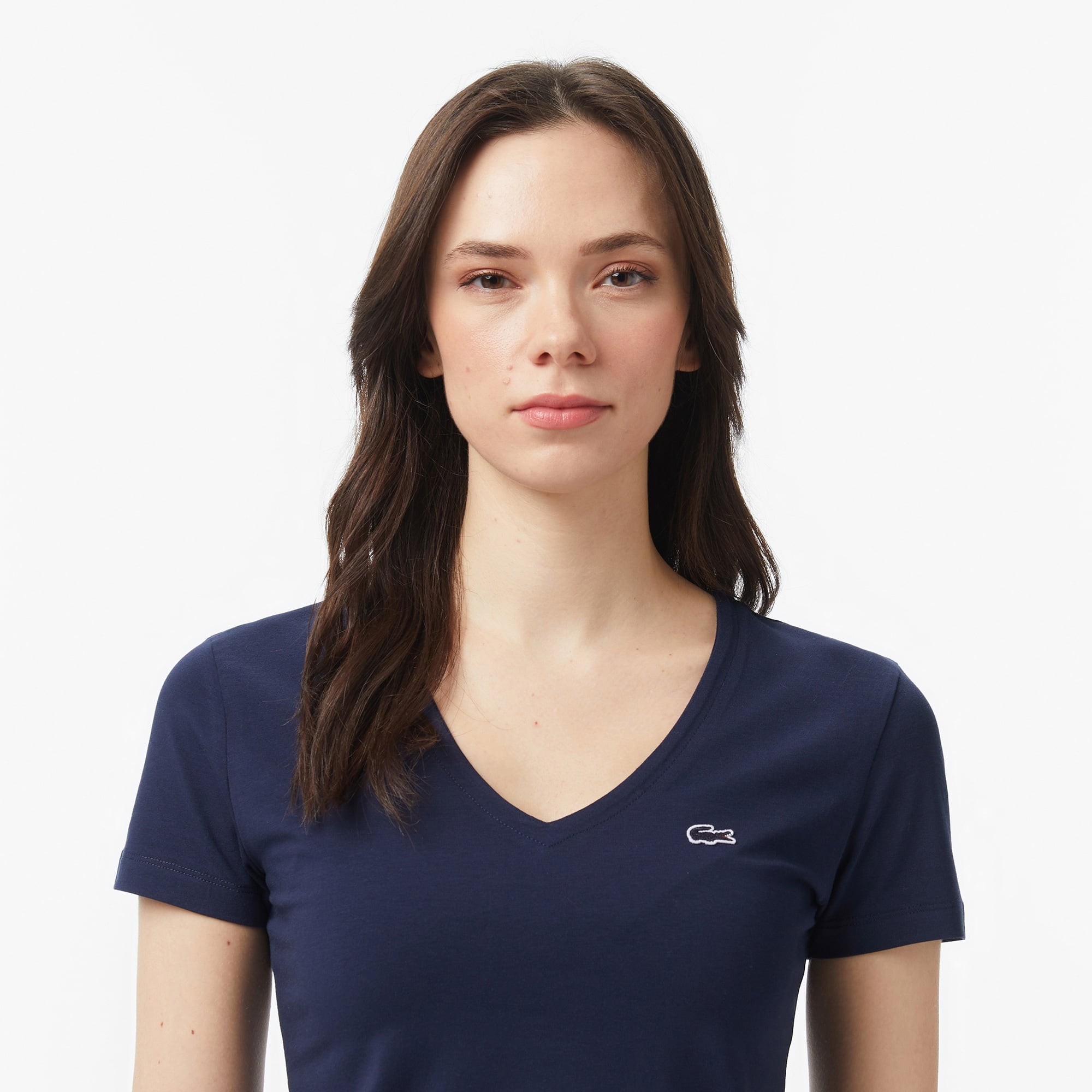 Kadın Slim Fit V Yaka Lacivert T-Shirt