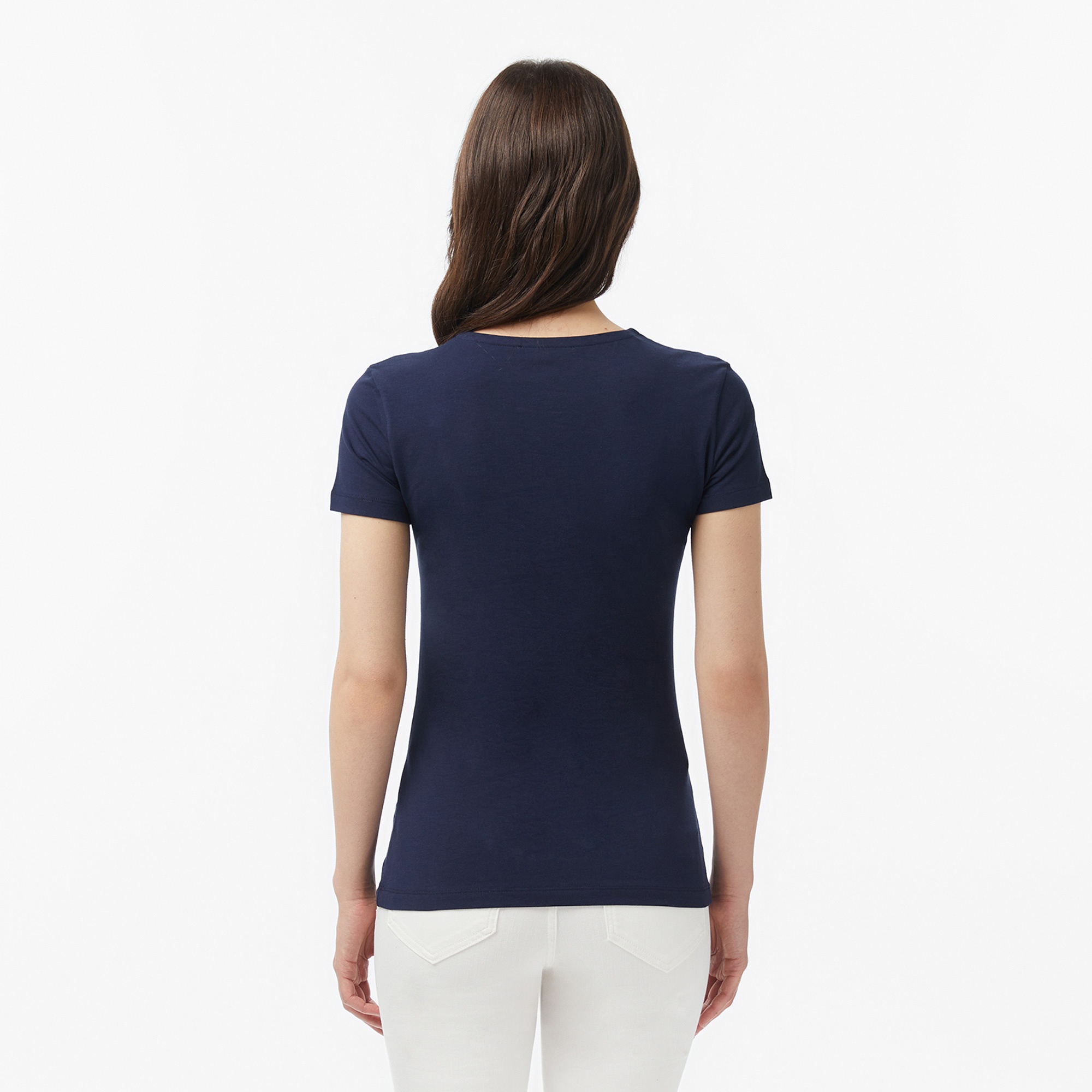 Kadın Slim Fit V Yaka Lacivert T-Shirt