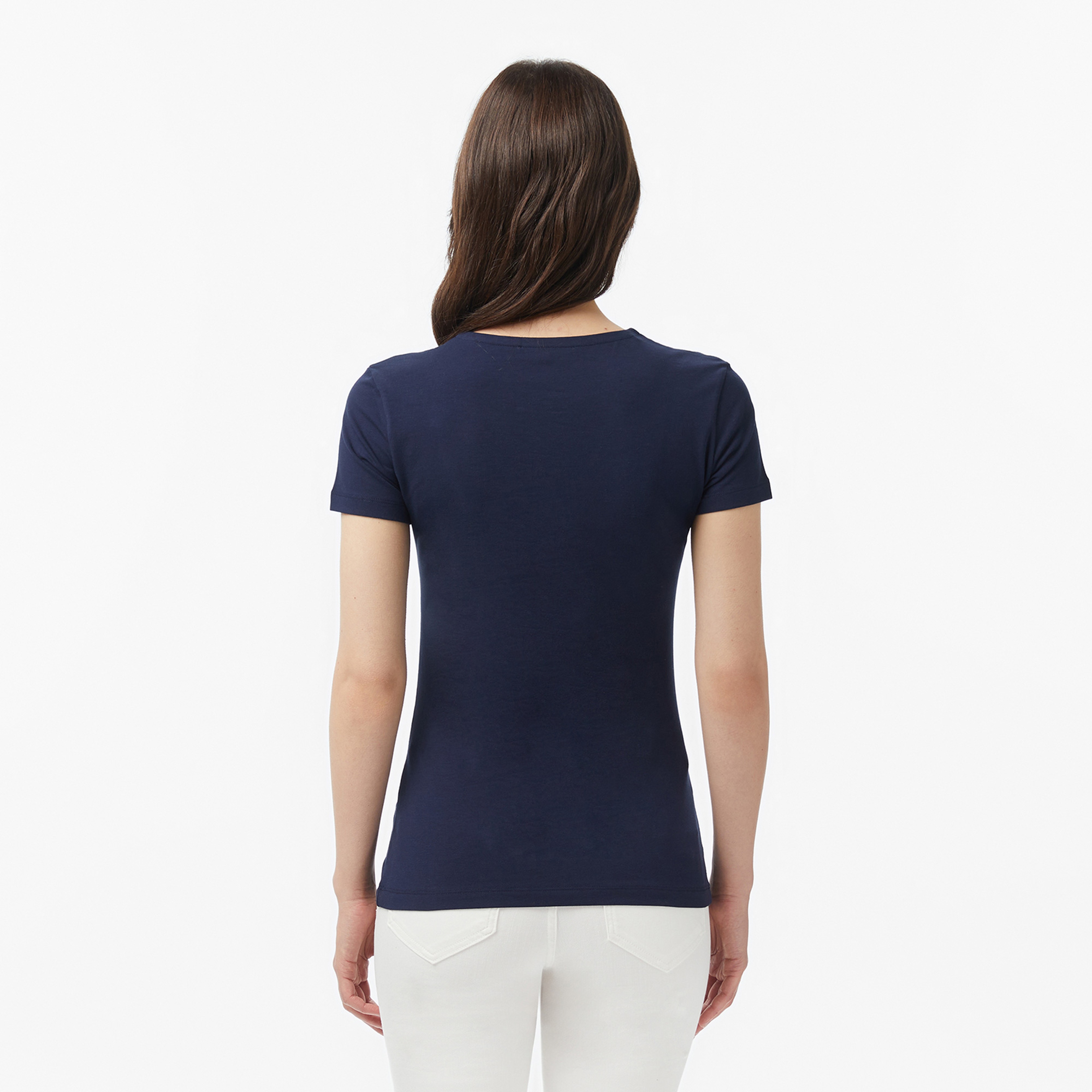 Kadın Slim Fit V Yaka Lacivert T-Shirt