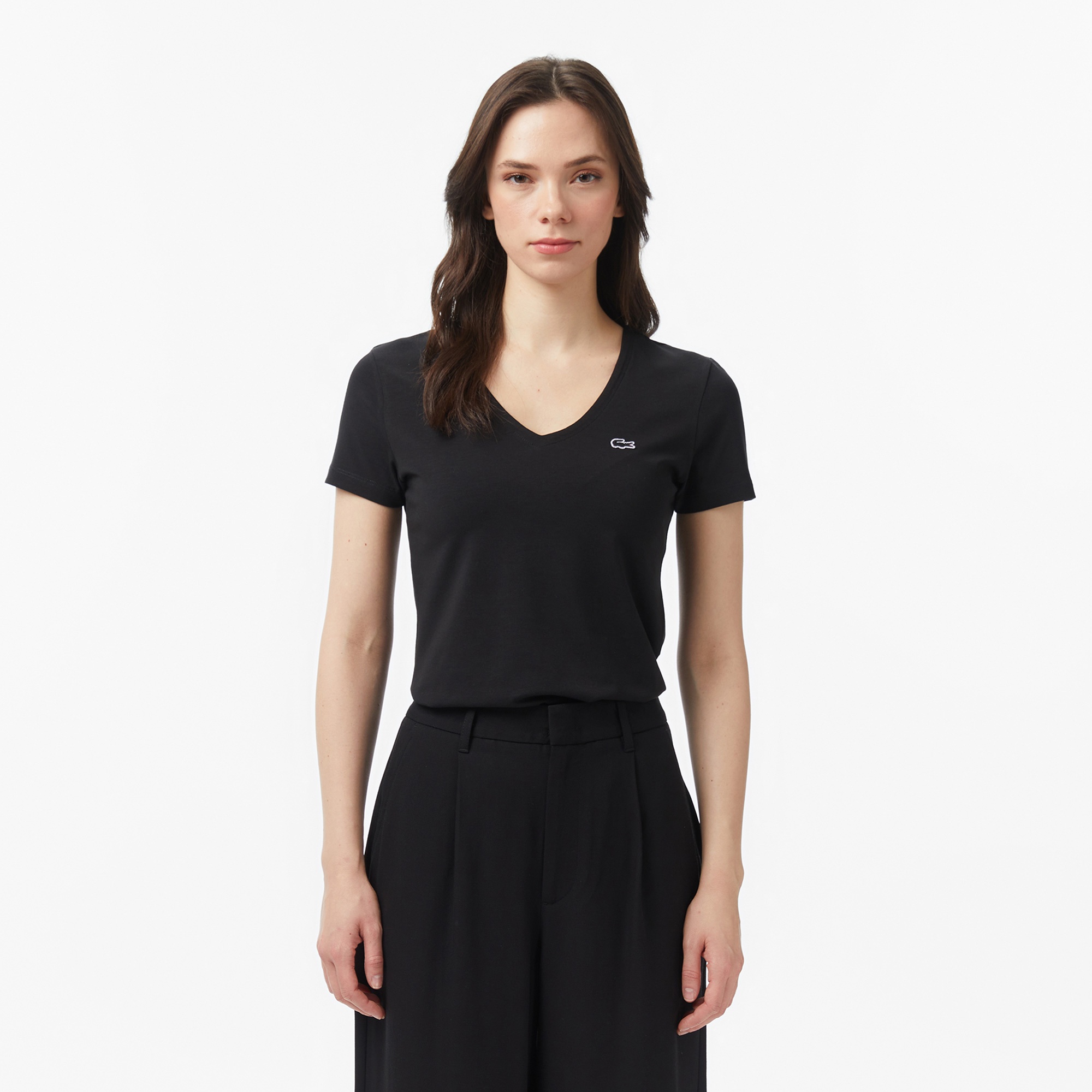 Kadın Slim Fit V Yaka Siyah T-Shirt