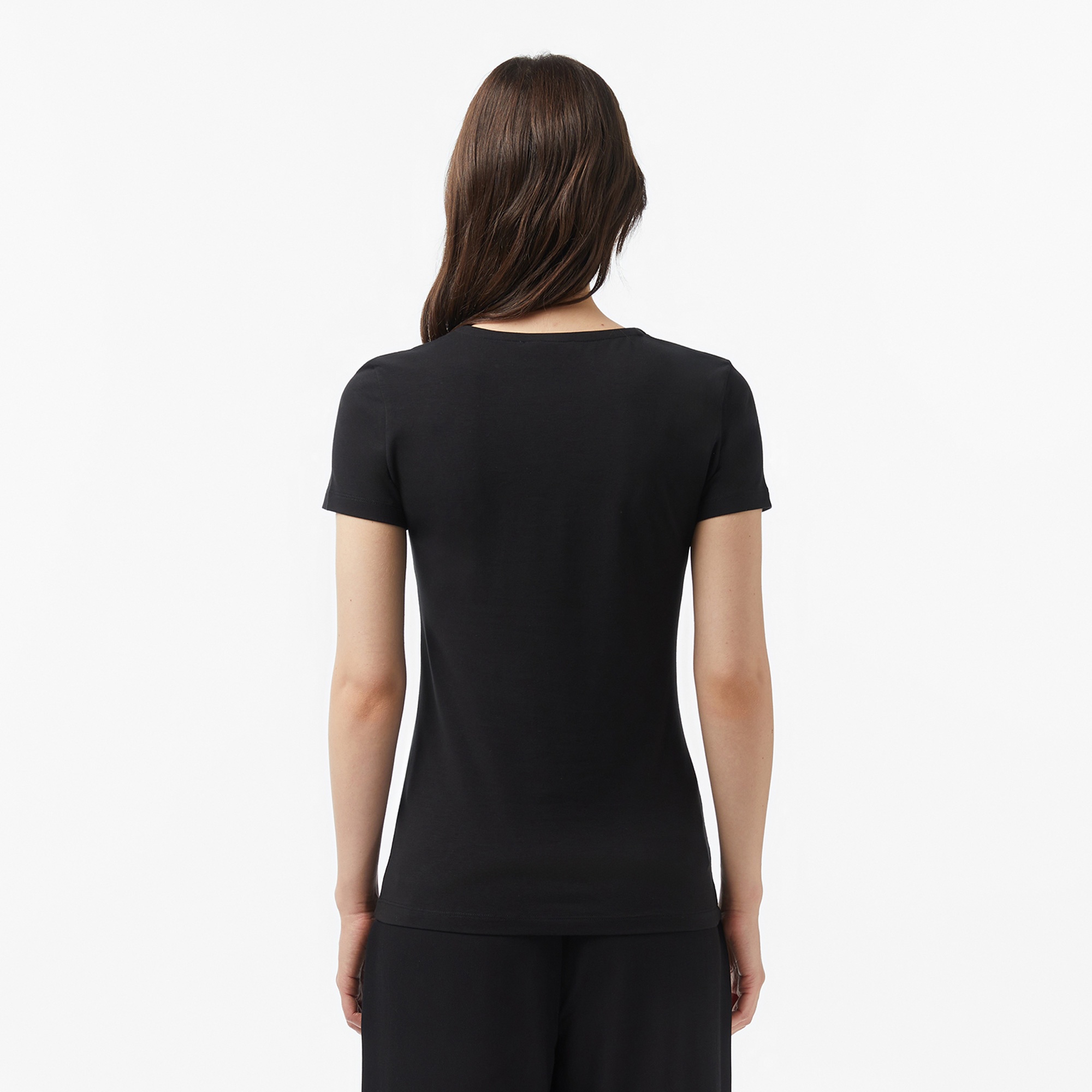 Kadın Slim Fit V Yaka Siyah T-Shirt