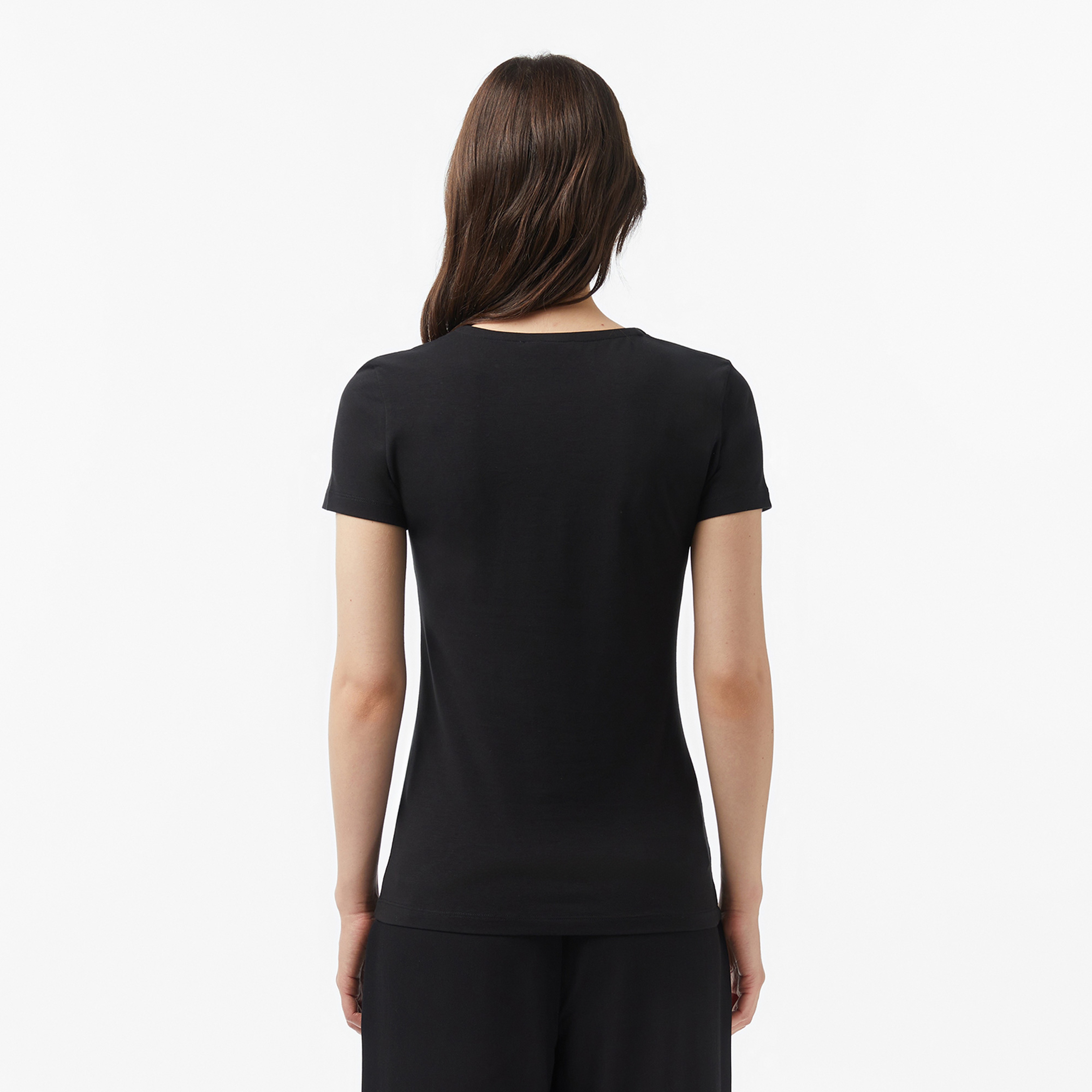 Kadın Slim Fit V Yaka Siyah T-Shirt