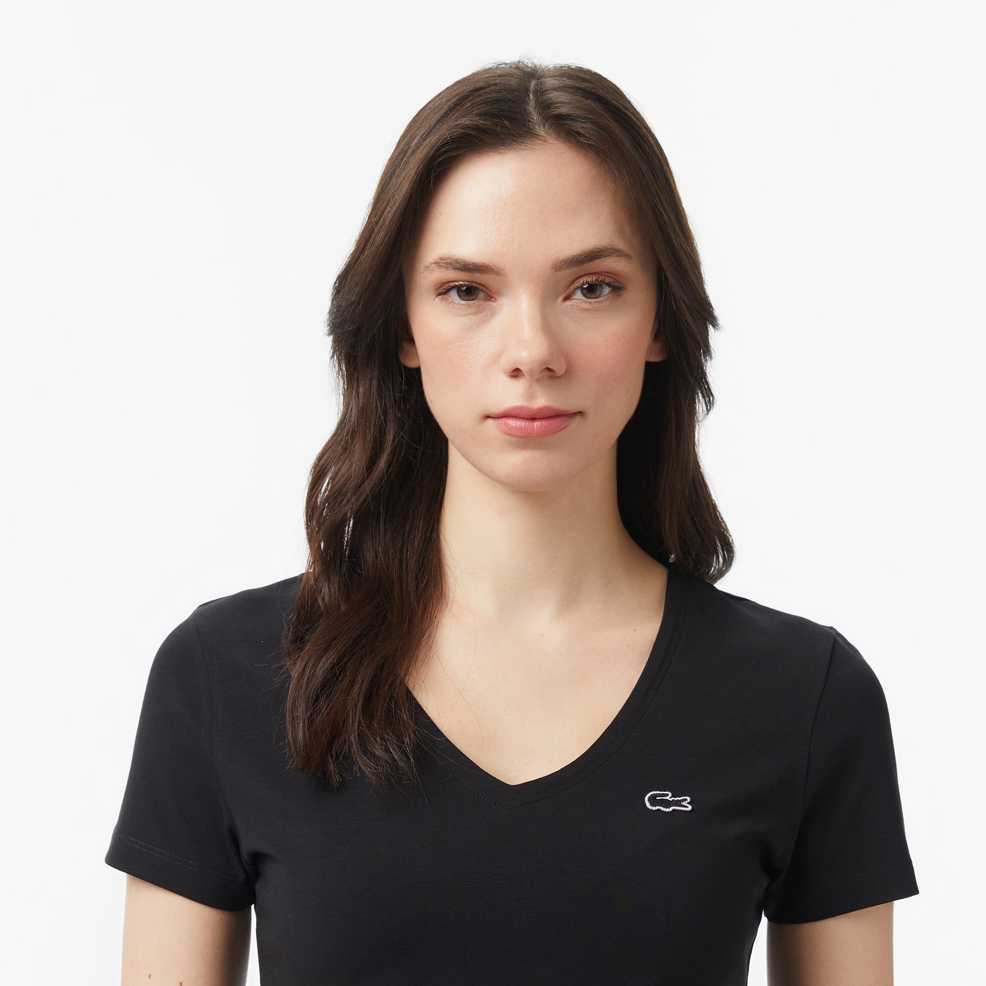 Lacoste Kadın Slim Fit V Yaka Siyah T-Shirt görsel 2