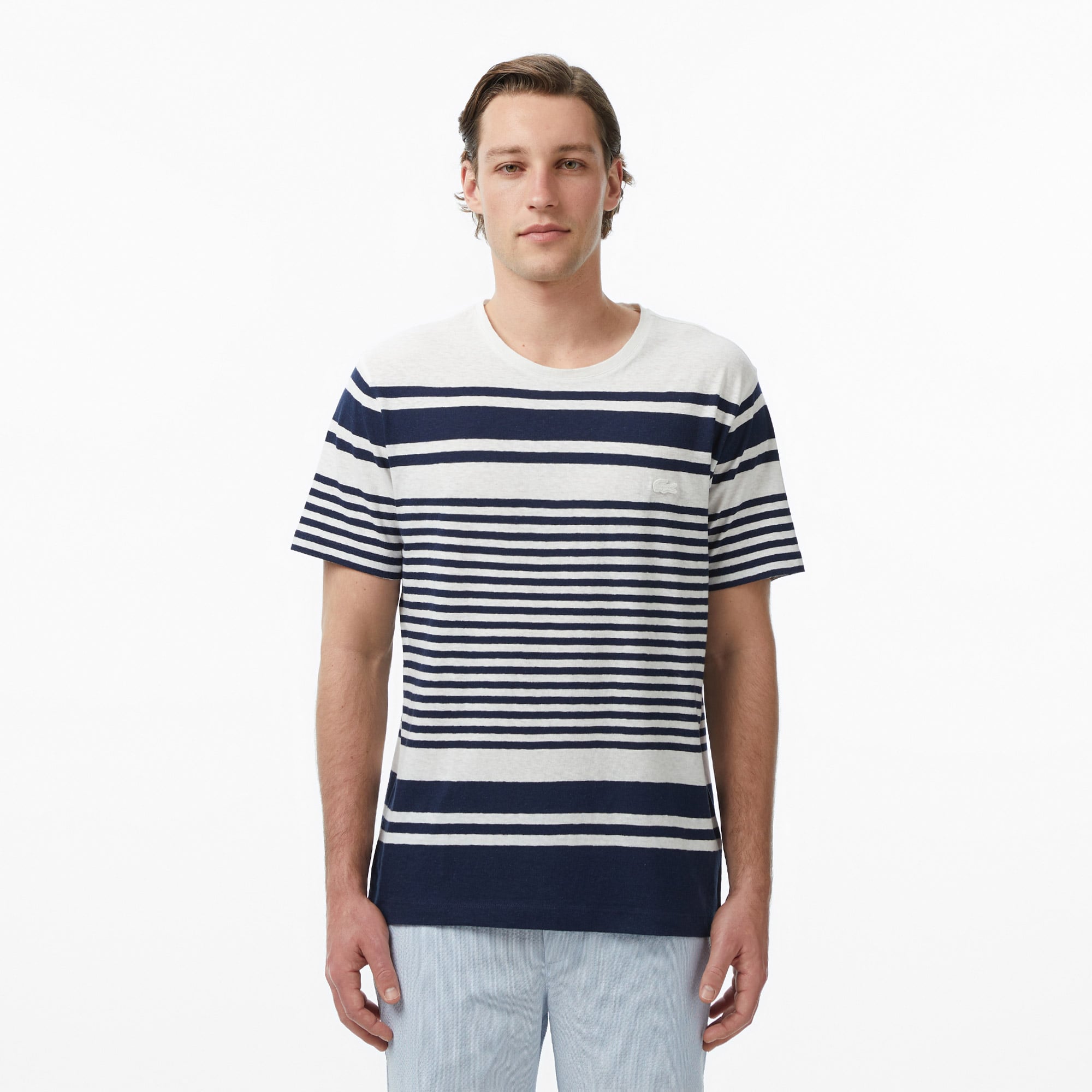 Lacoste Erkek Regular Fit Bisiklet Yaka Çizgili Lacivert T-Shirt