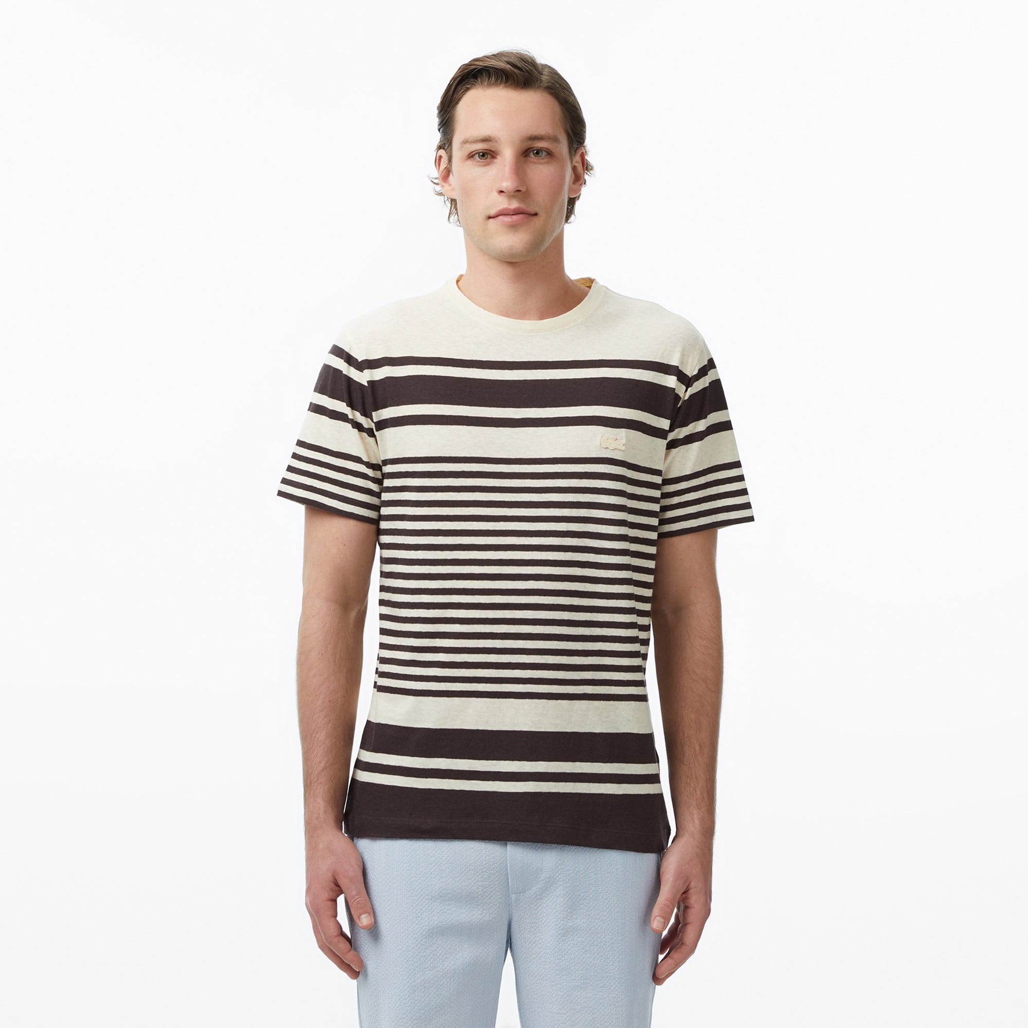 Lacoste Erkek Regular Fit Bisiklet Yaka Çizgili Kahverengi T-Shirt