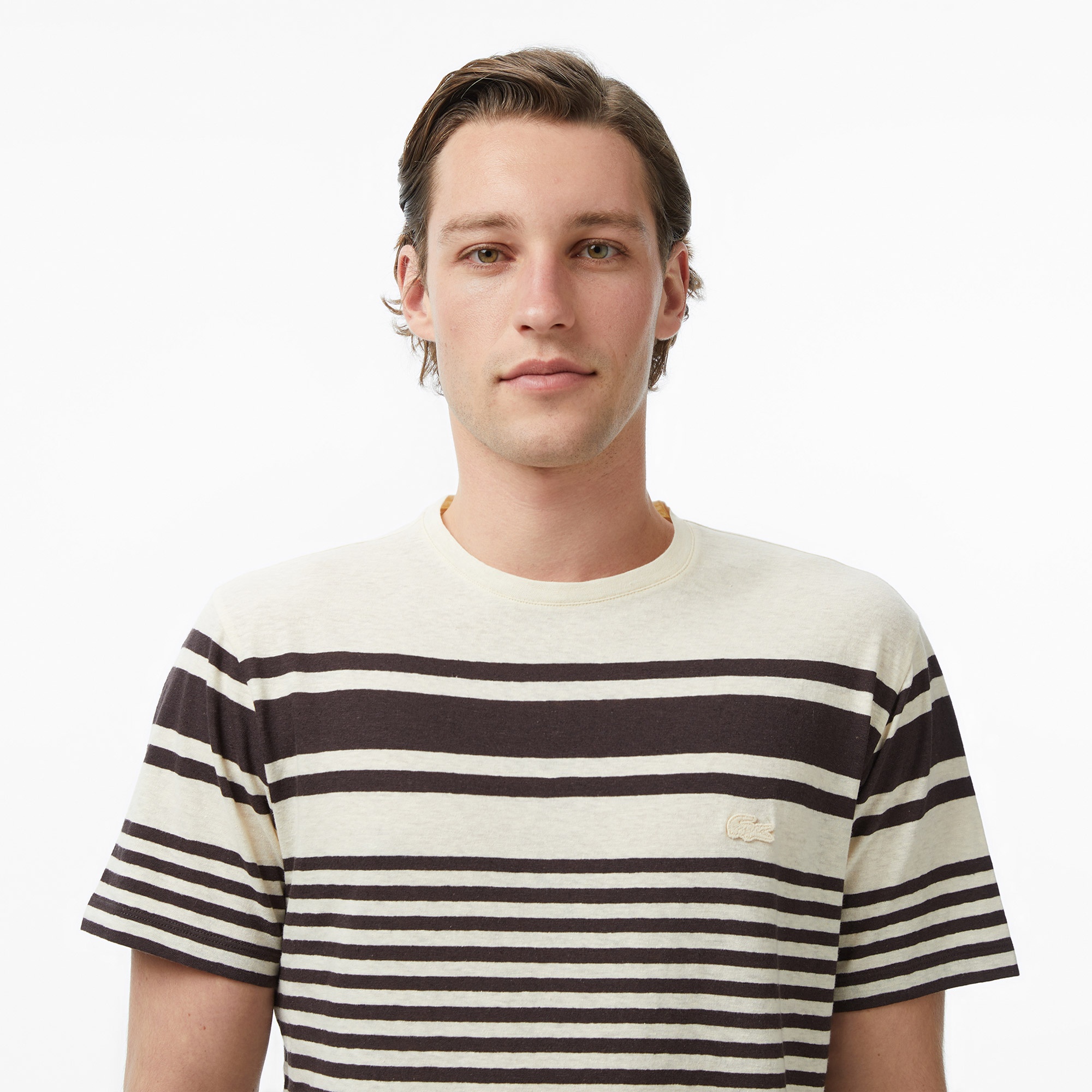 Erkek Regular Fit Bisiklet Yaka Çizgili Kahverengi T-Shirt