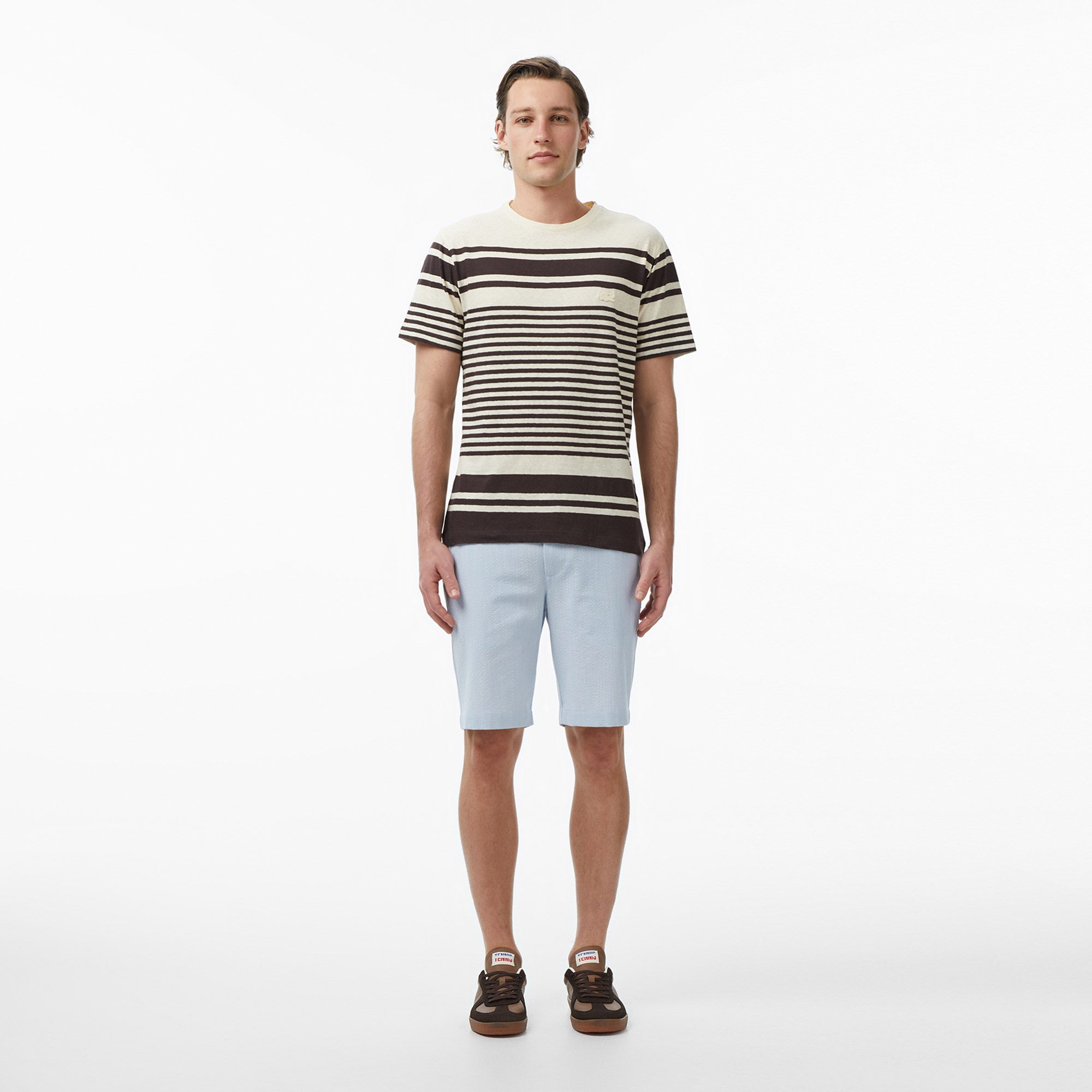 Lacoste Erkek Regular Fit Bisiklet Yaka Çizgili Kahverengi T-Shirt görsel 6