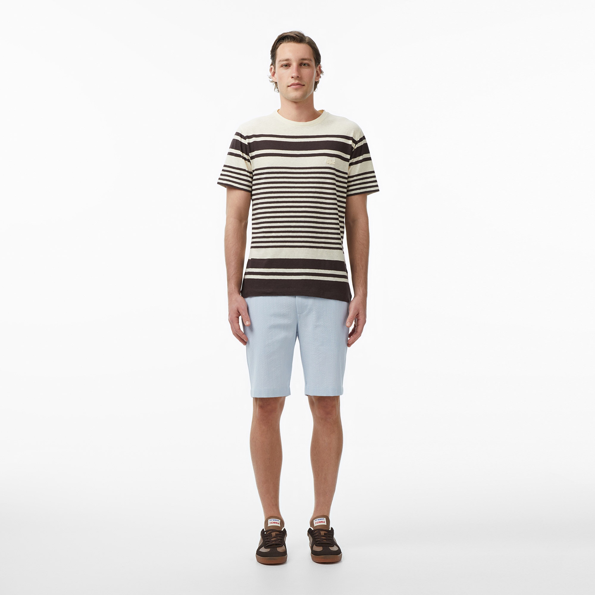 Erkek Regular Fit Bisiklet Yaka Çizgili Kahverengi T-Shirt