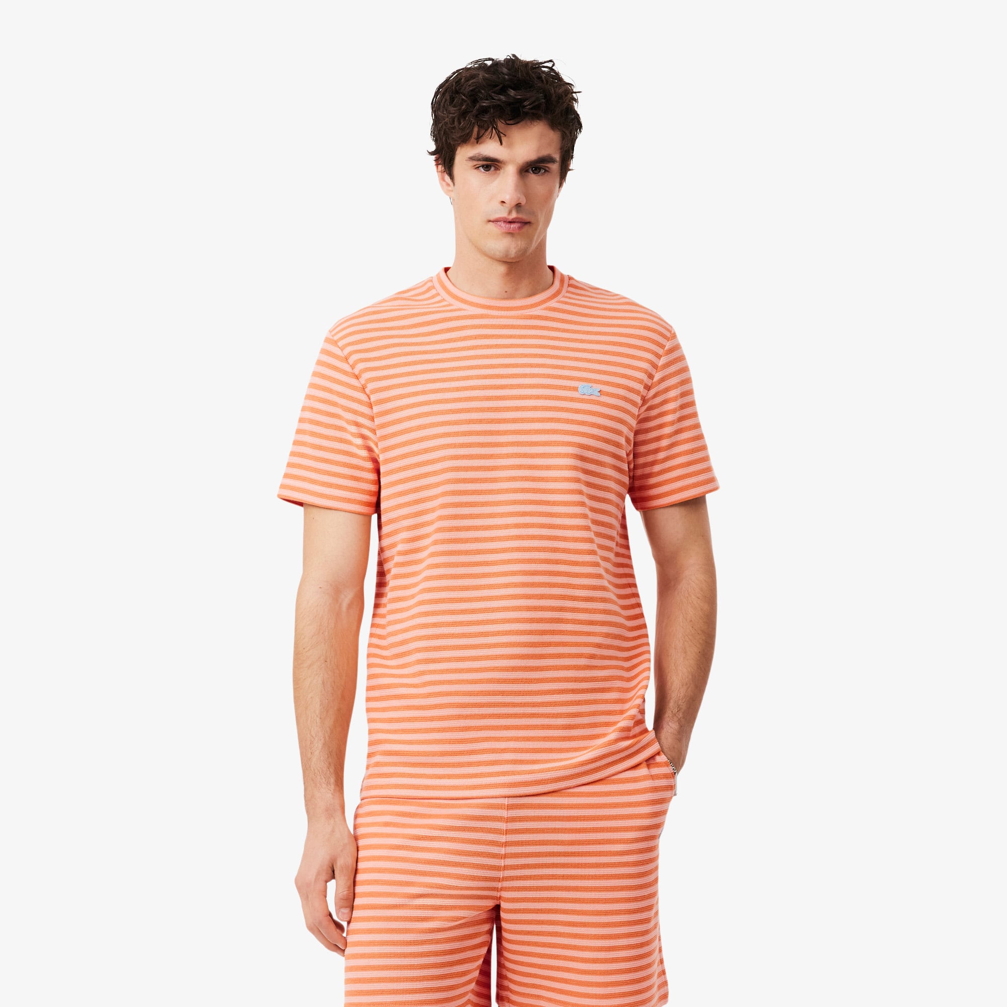 Lacoste Erkek Classic Fit Bisiklet Yaka Çizgili Turuncu T-Shirt