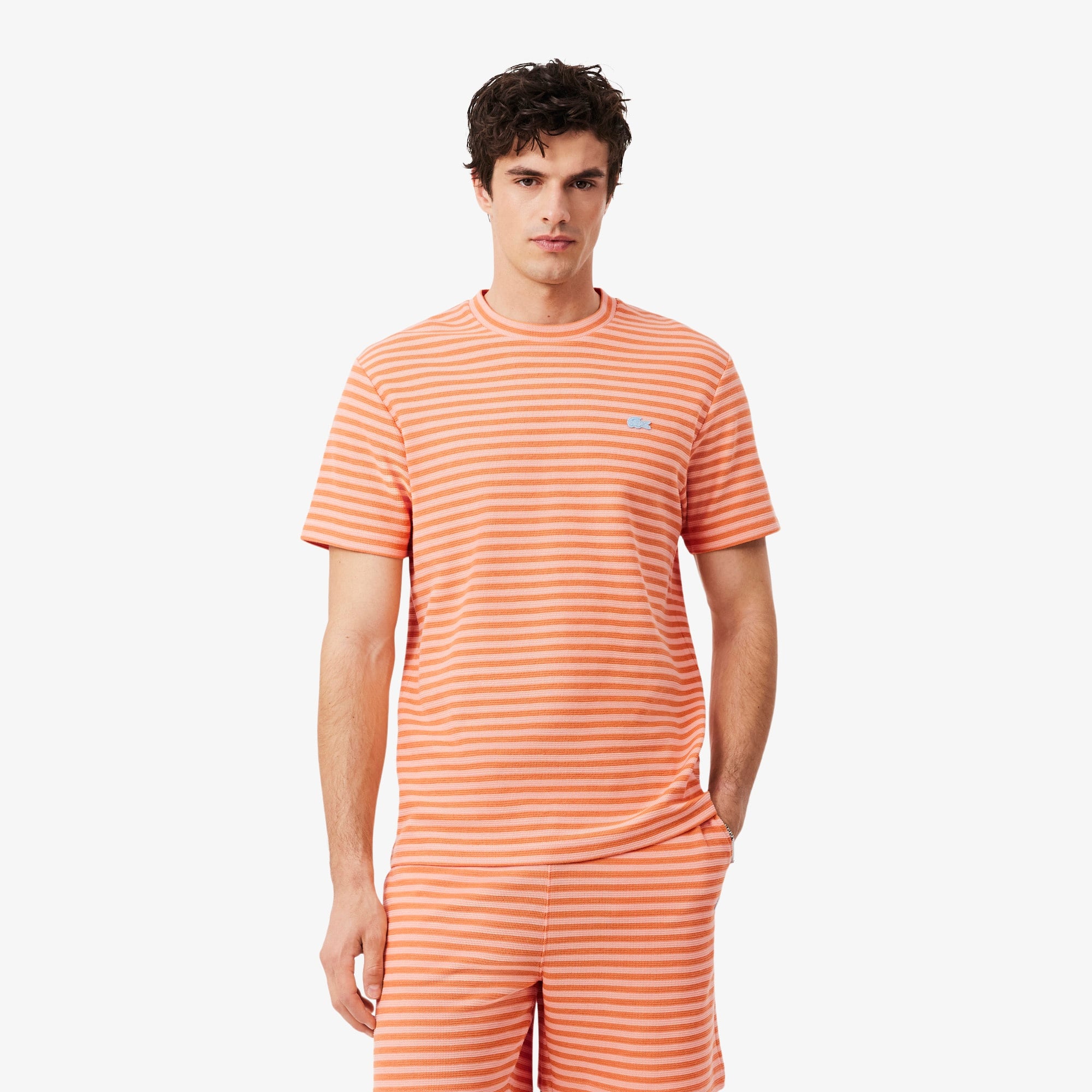 Erkek Classic Fit Bisiklet Yaka Çizgili Turuncu T-Shirt