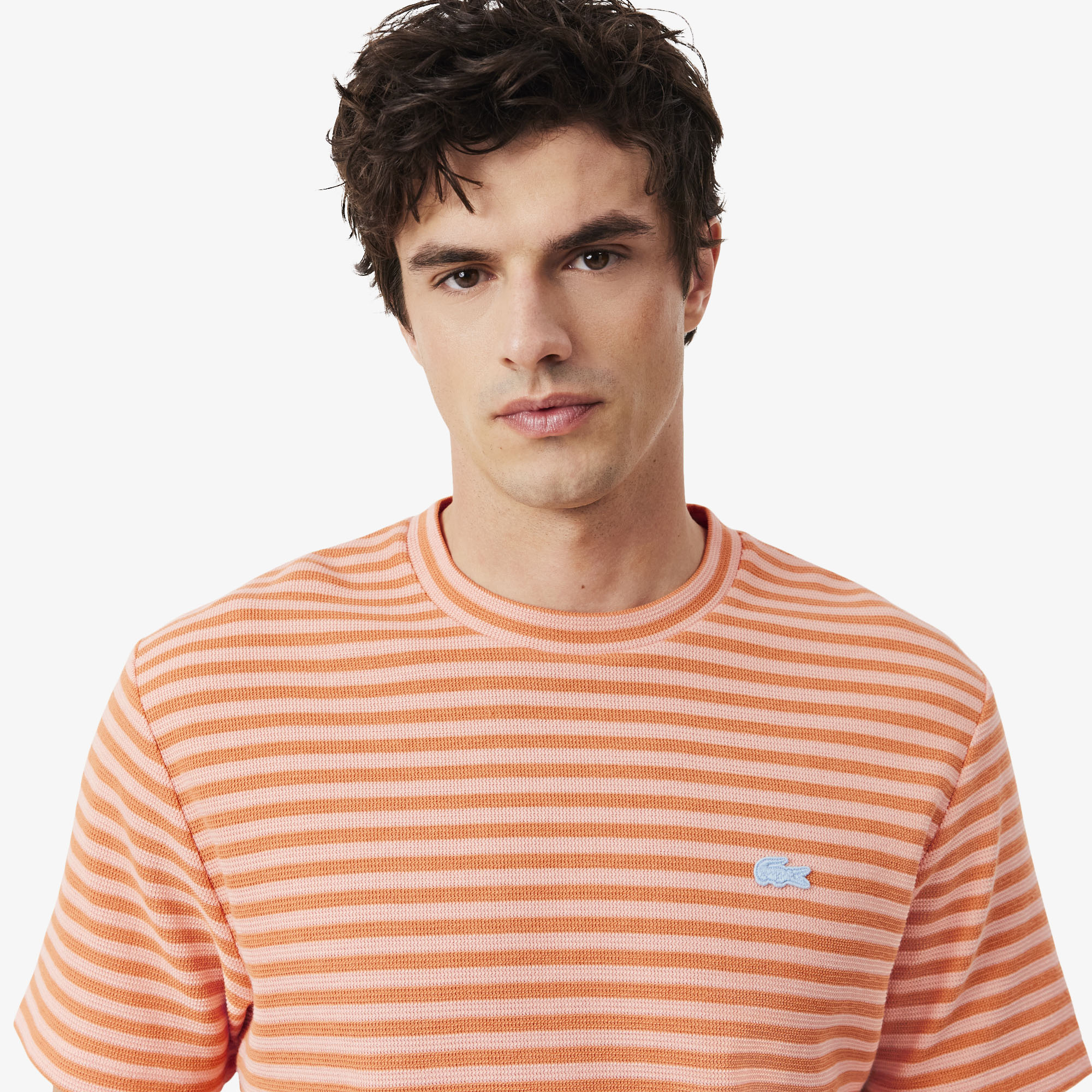 Lacoste Erkek Classic Fit Bisiklet Yaka Çizgili Turuncu T-Shirt görsel 2