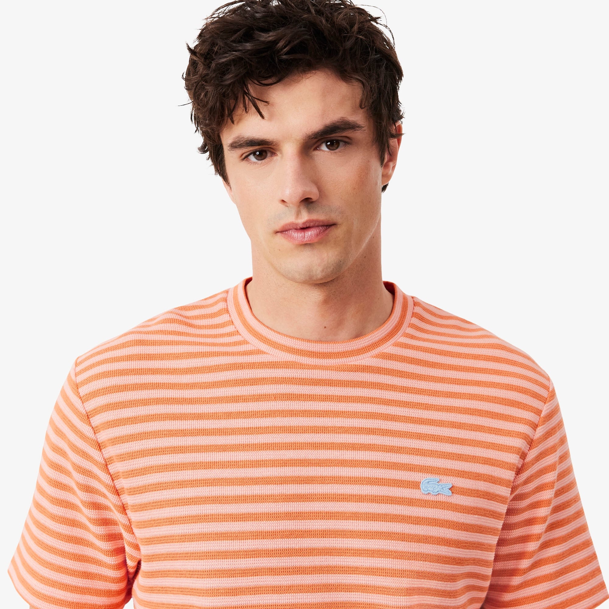 Erkek Classic Fit Bisiklet Yaka Çizgili Turuncu T-Shirt