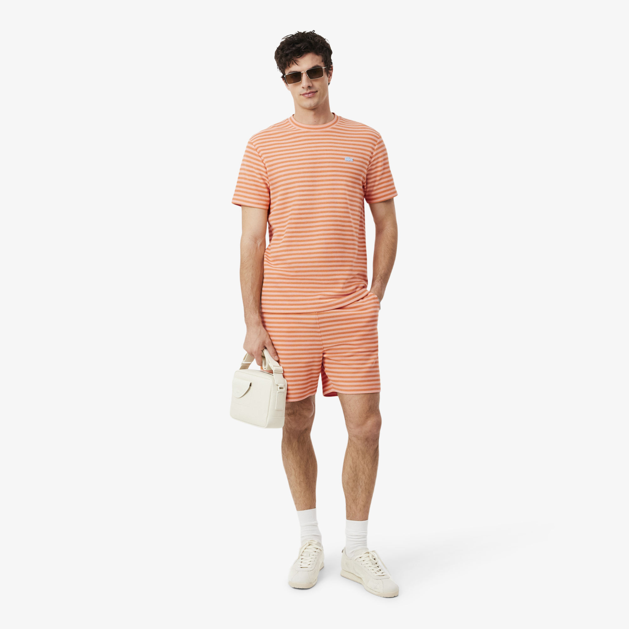 Lacoste Erkek Classic Fit Bisiklet Yaka Çizgili Turuncu T-Shirt görsel 7