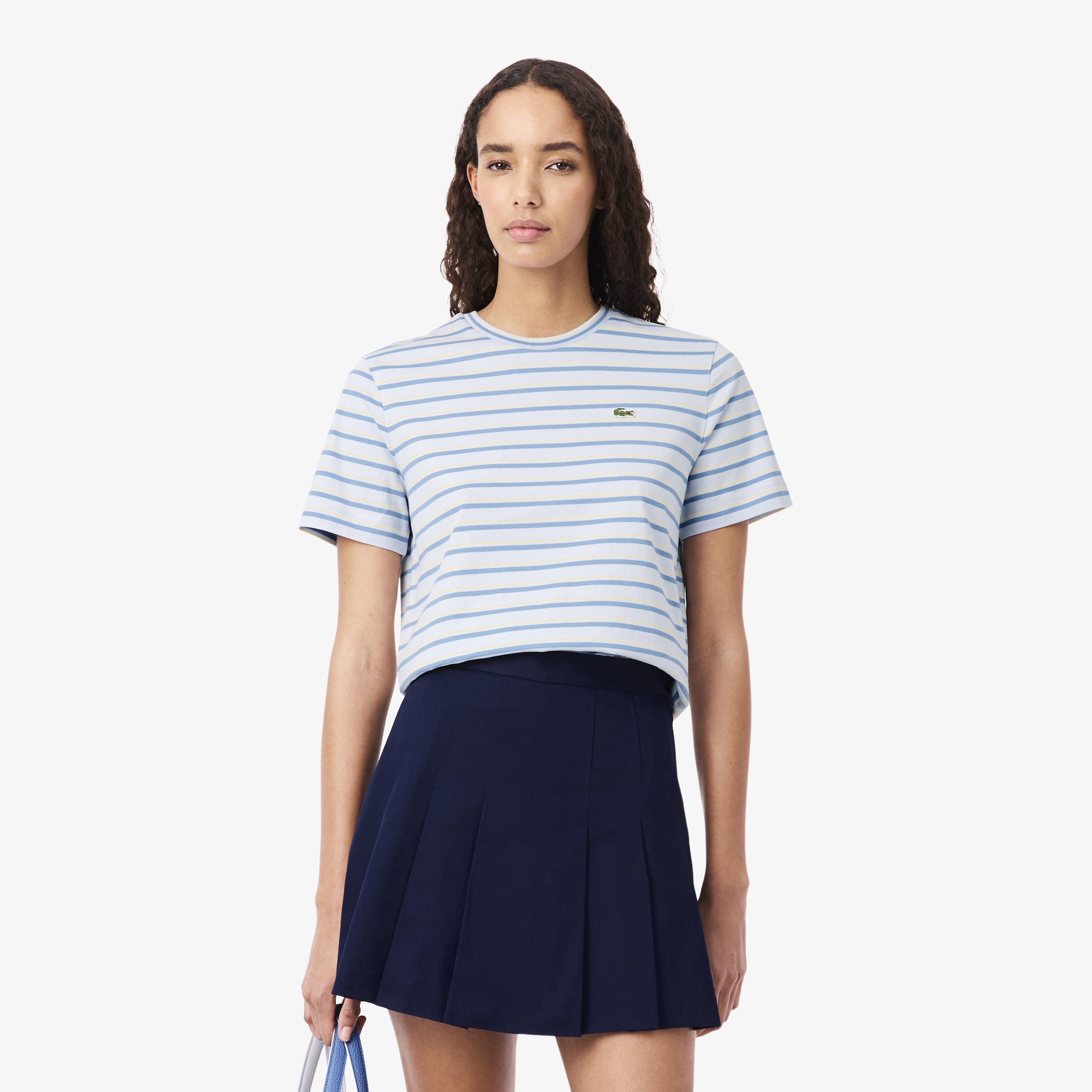 Kadın Regular Fit Bisiklet Yaka Çizgili Mavi T-Shirt