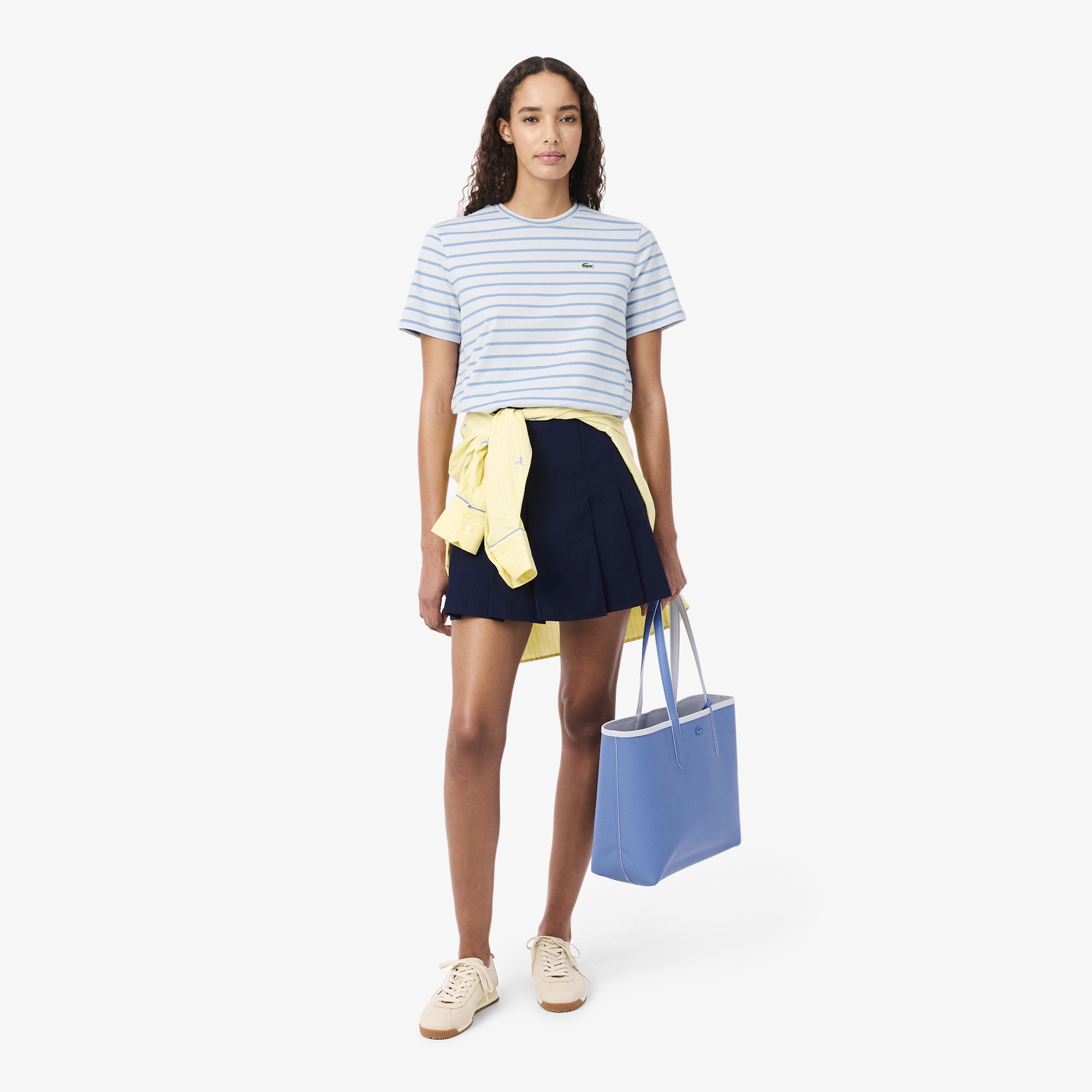 Kadın Regular Fit Bisiklet Yaka Çizgili Mavi T-Shirt