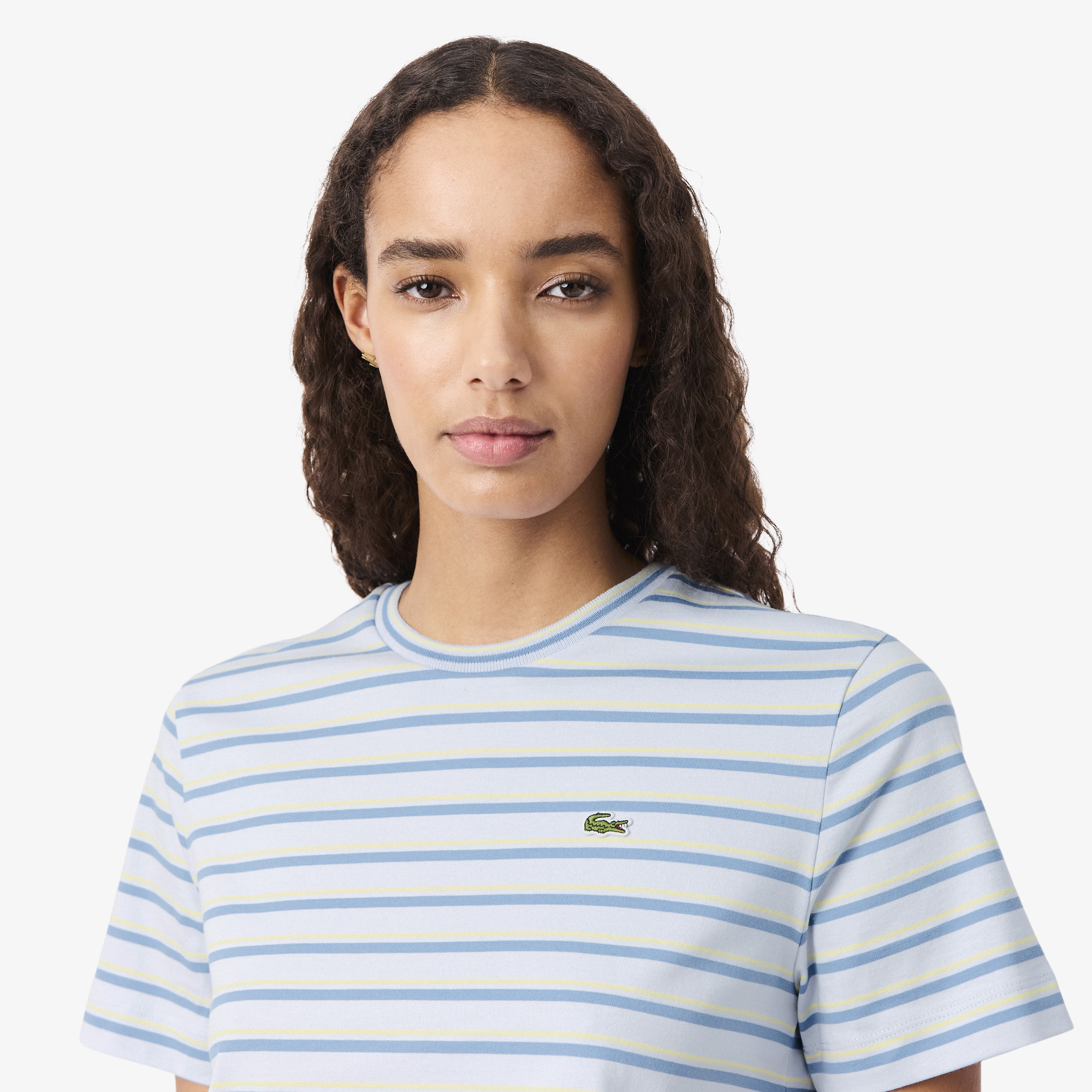 Lacoste Kadın Regular Fit Bisiklet Yaka Çizgili Mavi T-Shirt görsel 2