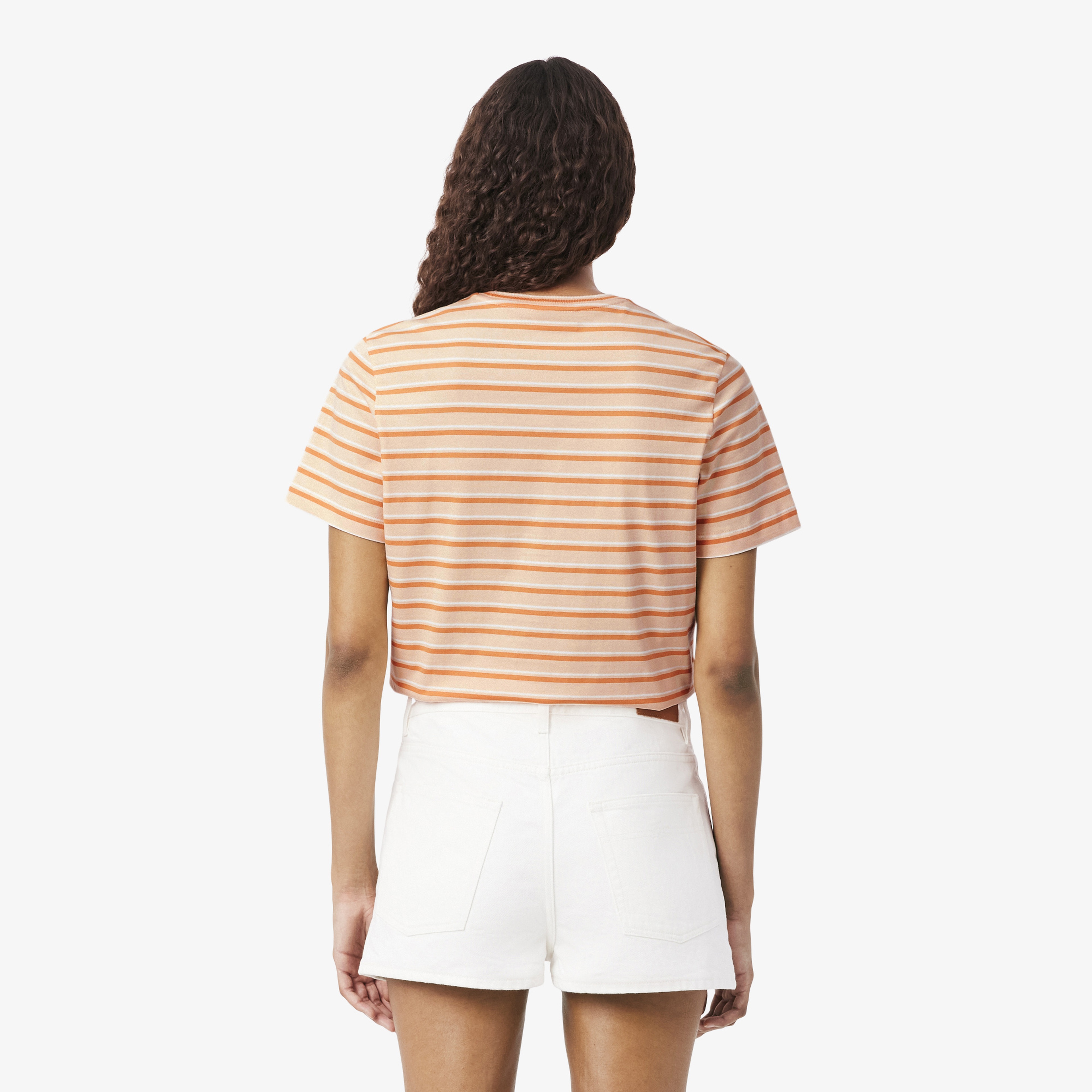 Kadın Regular Fit Bisiklet Yaka Çizgili Turuncu T-Shirt