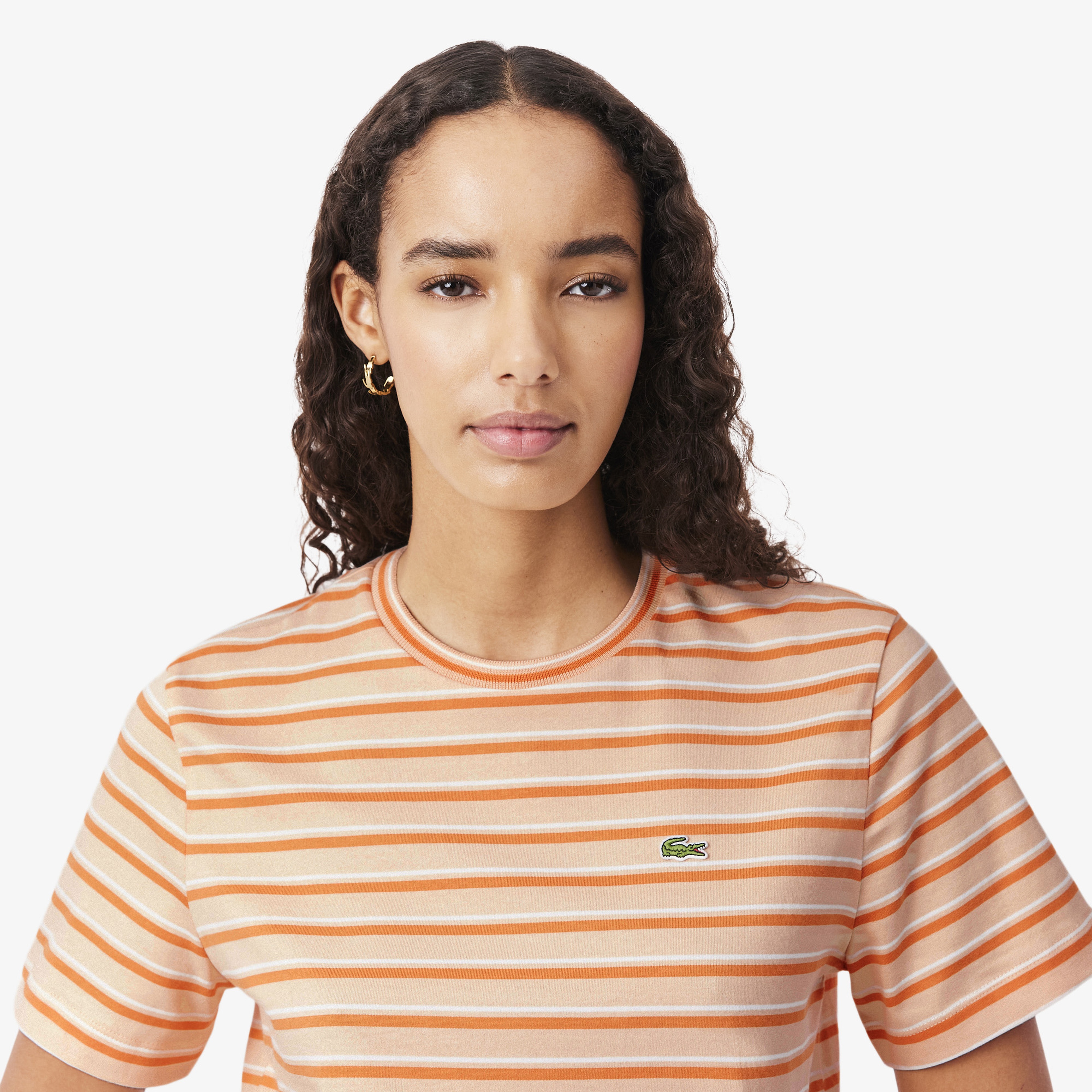 Kadın Regular Fit Bisiklet Yaka Çizgili Turuncu T-Shirt