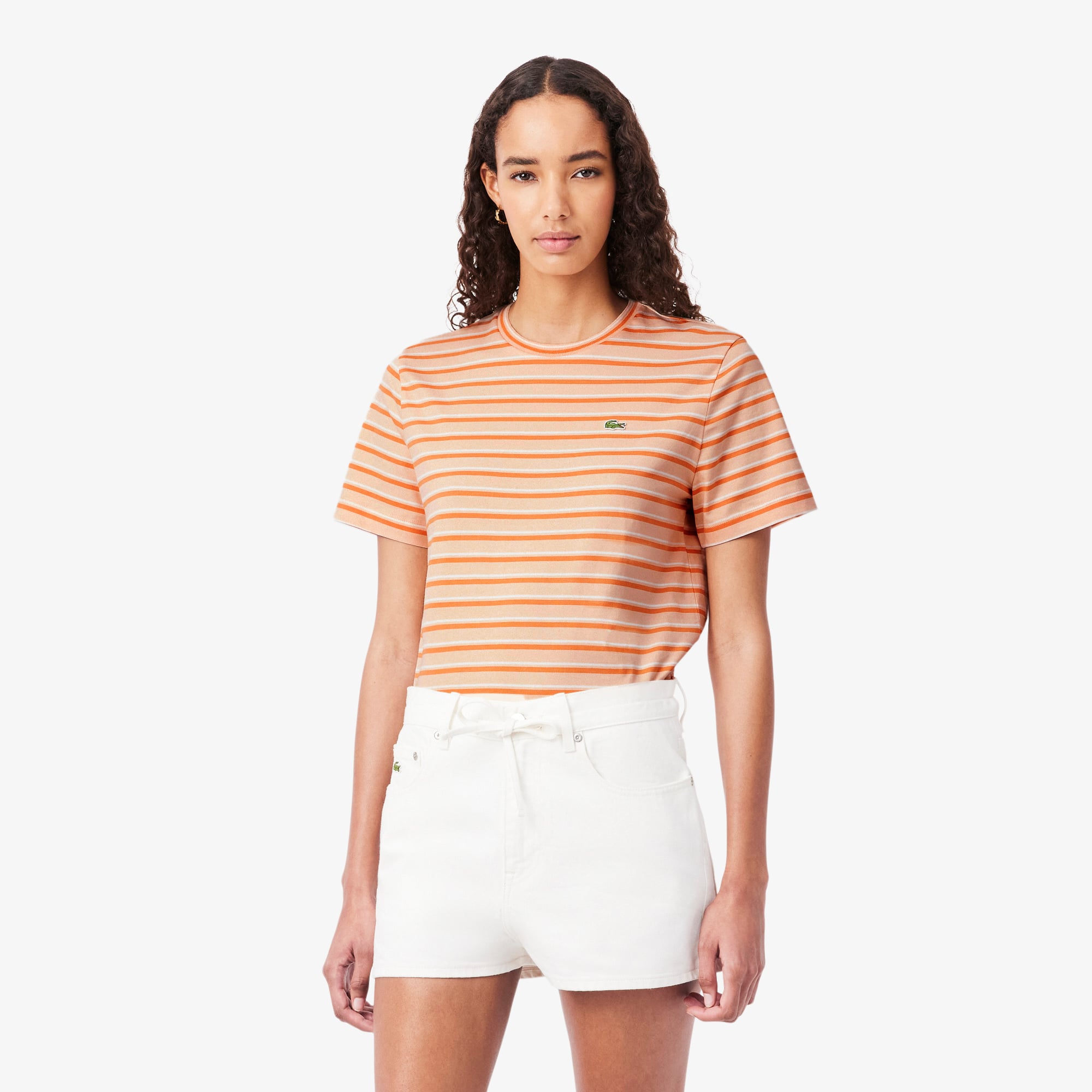 Lacoste Kadın Regular Fit Bisiklet Yaka Çizgili Turuncu T-Shirt