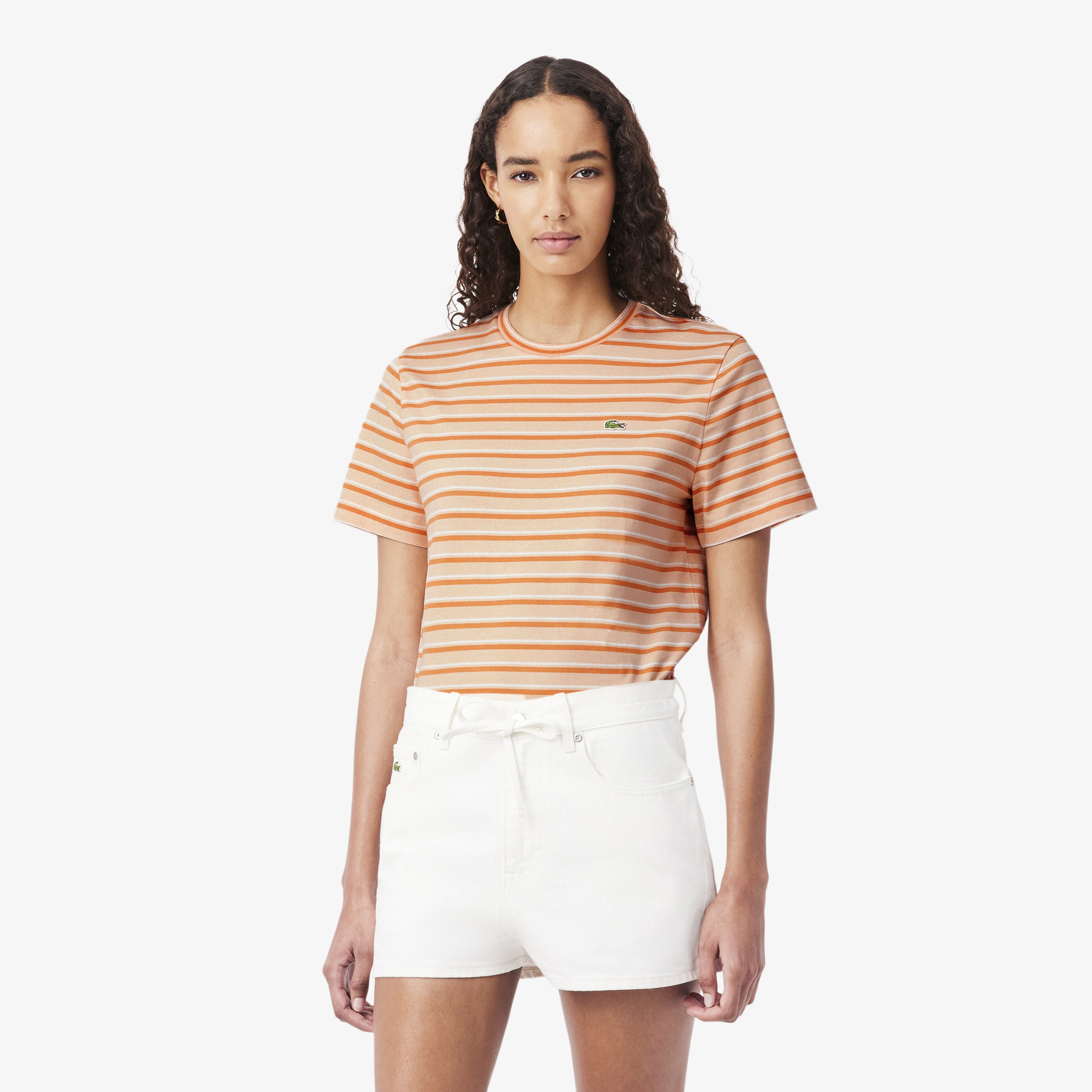 Kadın Regular Fit Bisiklet Yaka Çizgili Turuncu T-Shirt