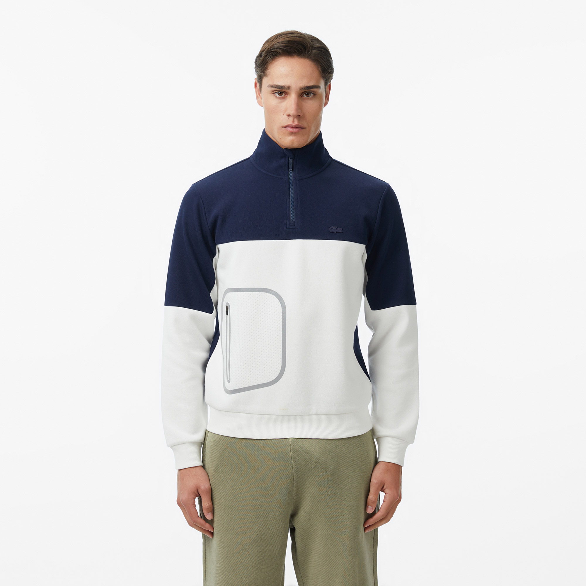 Lacoste Erkek Relaxed Fit Dik Yaka Renk Bloklu Lacivert Sweatshirt