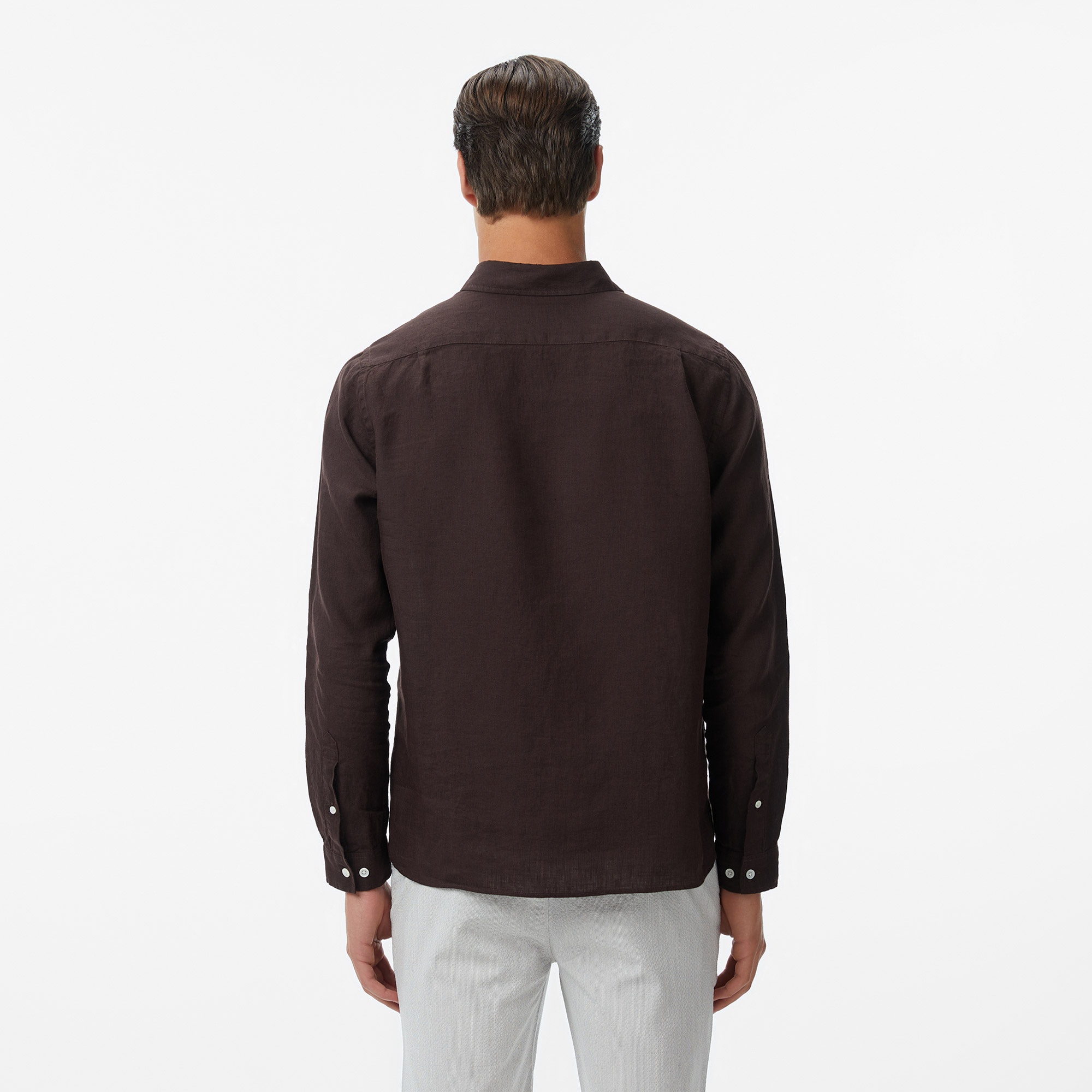 Erkek Regular Fit Düğmeli Yaka Keten Kahverengi Gömlek