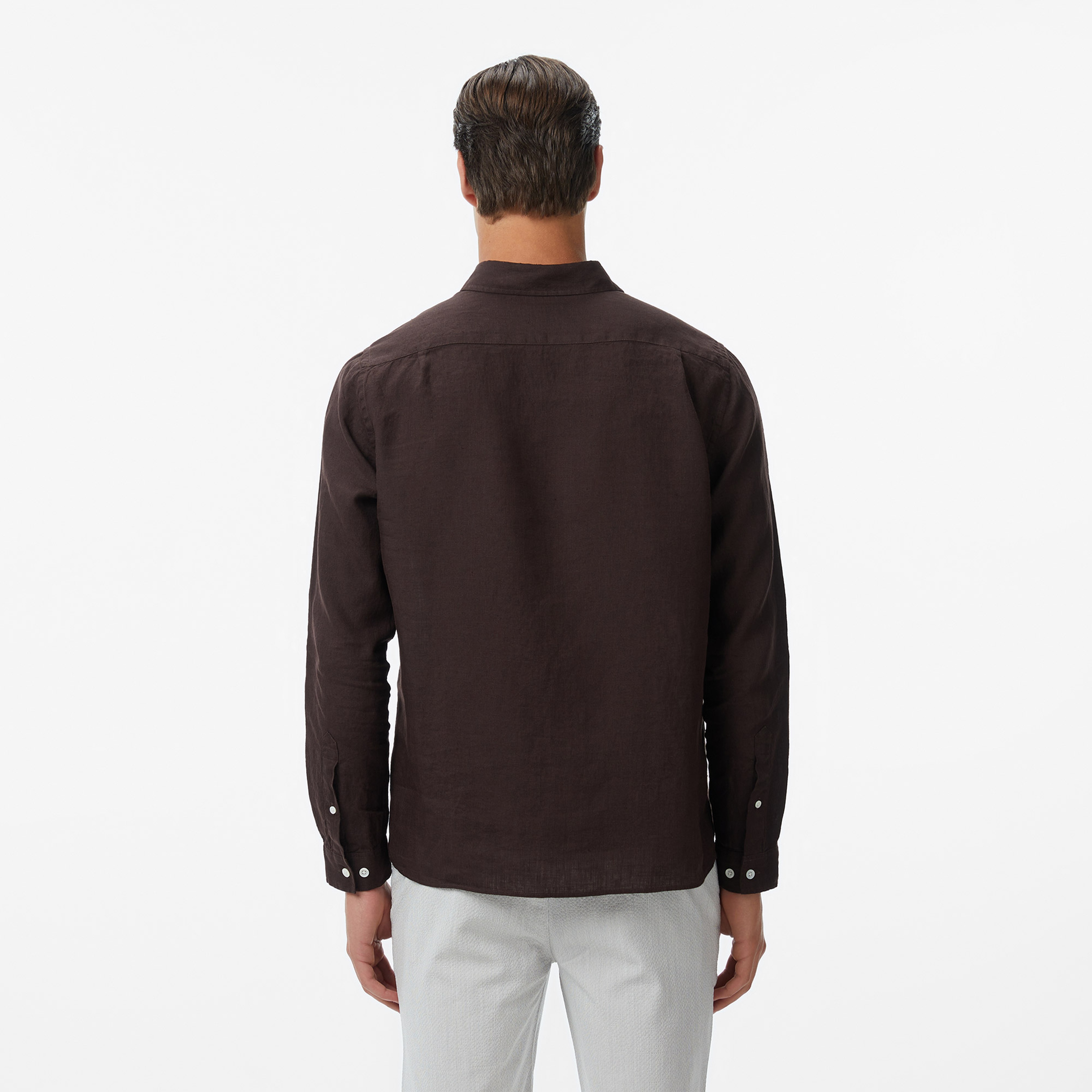 Erkek Regular Fit Düğmeli Yaka Keten Kahverengi Gömlek