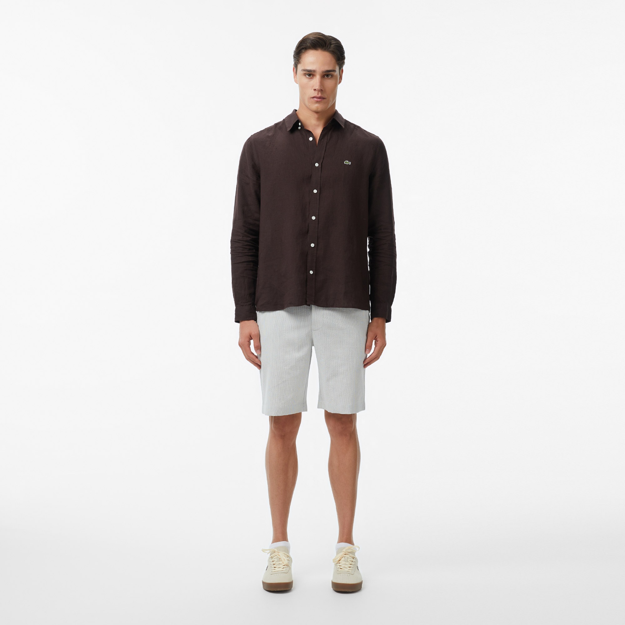 Erkek Regular Fit Düğmeli Yaka Keten Kahverengi Gömlek