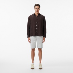 Erkek Regular Fit Düğmeli Yaka Keten Kahverengi Gömlek Kahverengi