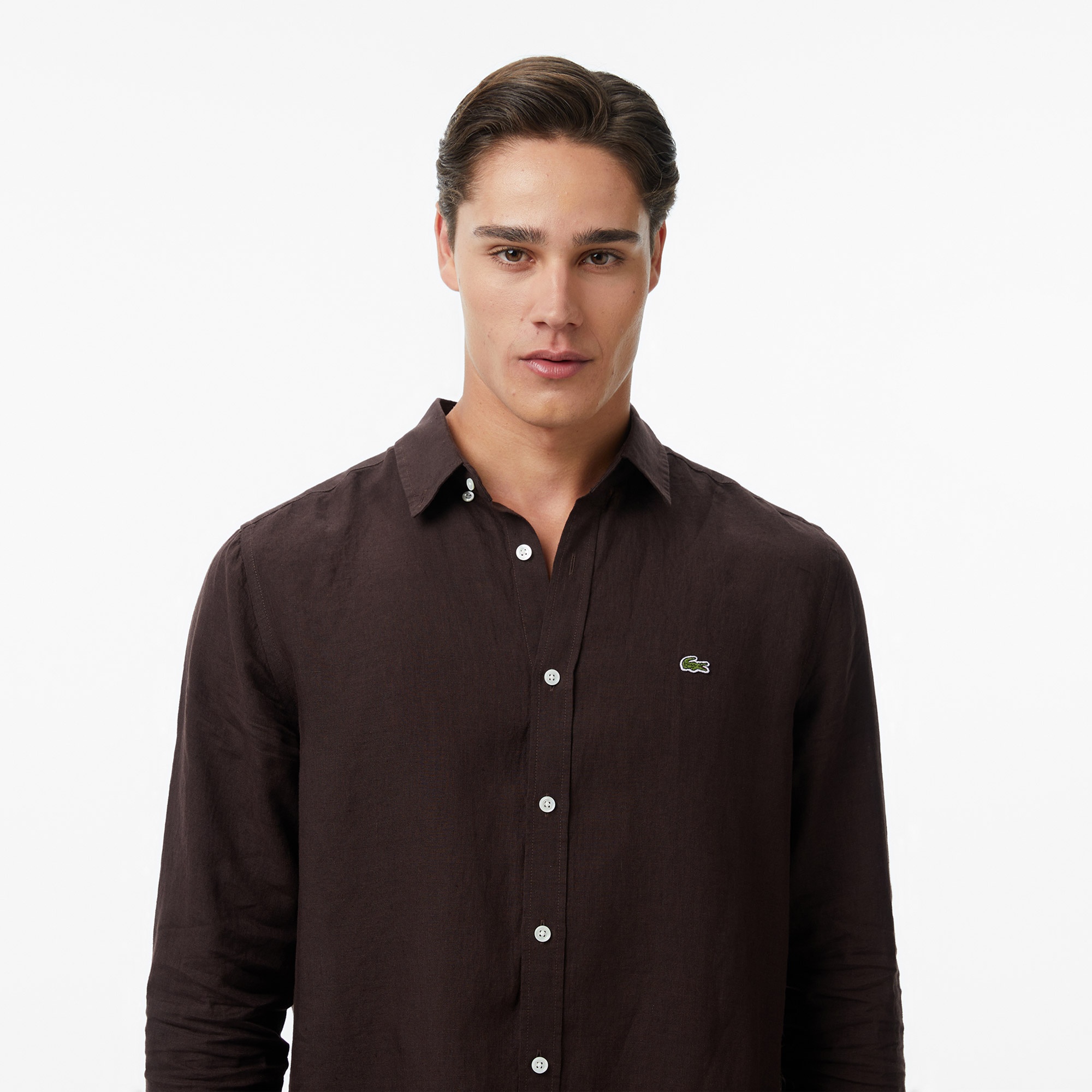 Erkek Regular Fit Düğmeli Yaka Keten Kahverengi Gömlek