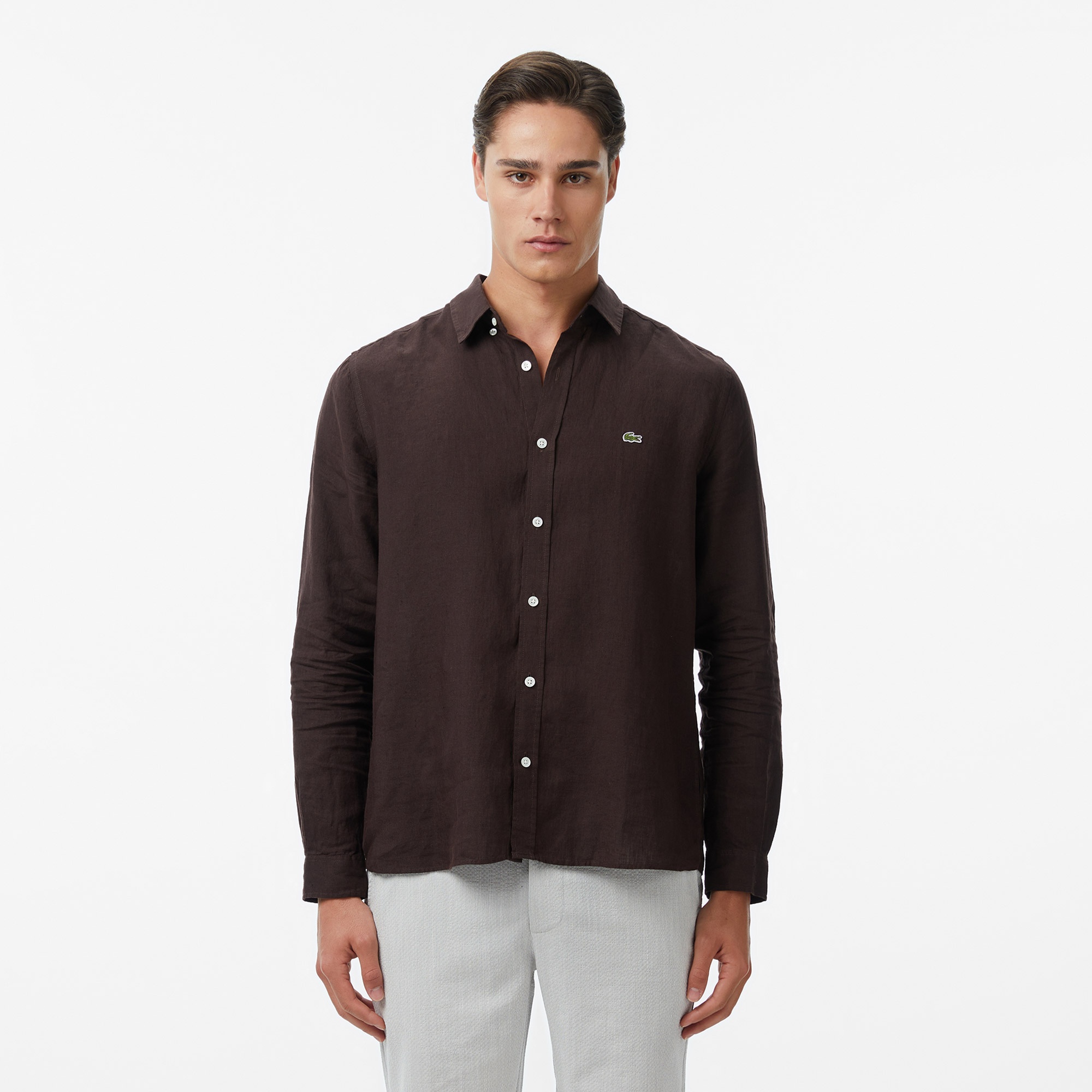 Erkek Regular Fit Düğmeli Yaka Keten Kahverengi Gömlek