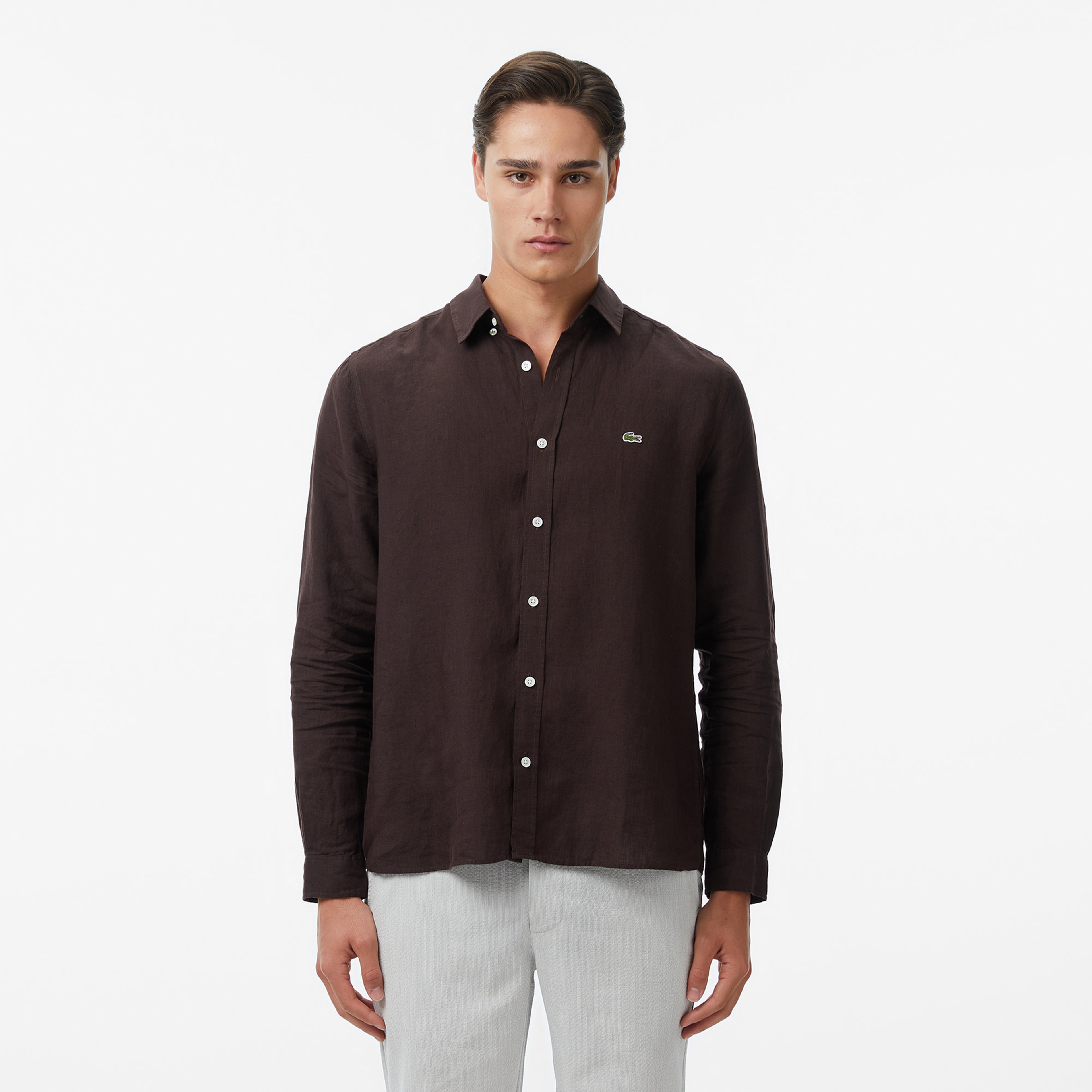 Erkek Regular Fit Düğmeli Yaka Keten Kahverengi Gömlek