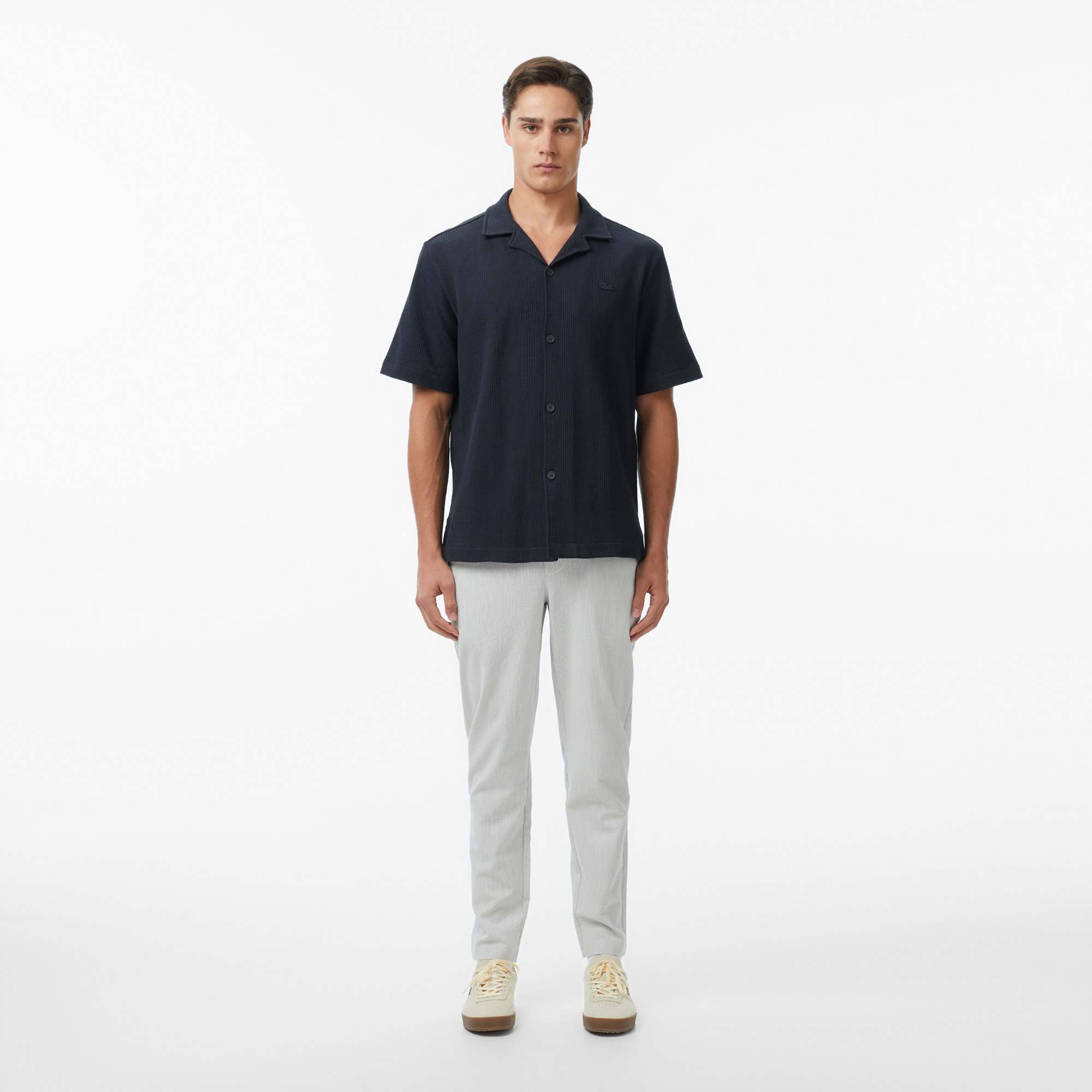 Lacoste Erkek Relaxed Fit Kısa Kollu Çizgili Koyu Gri Gömlek görsel 6