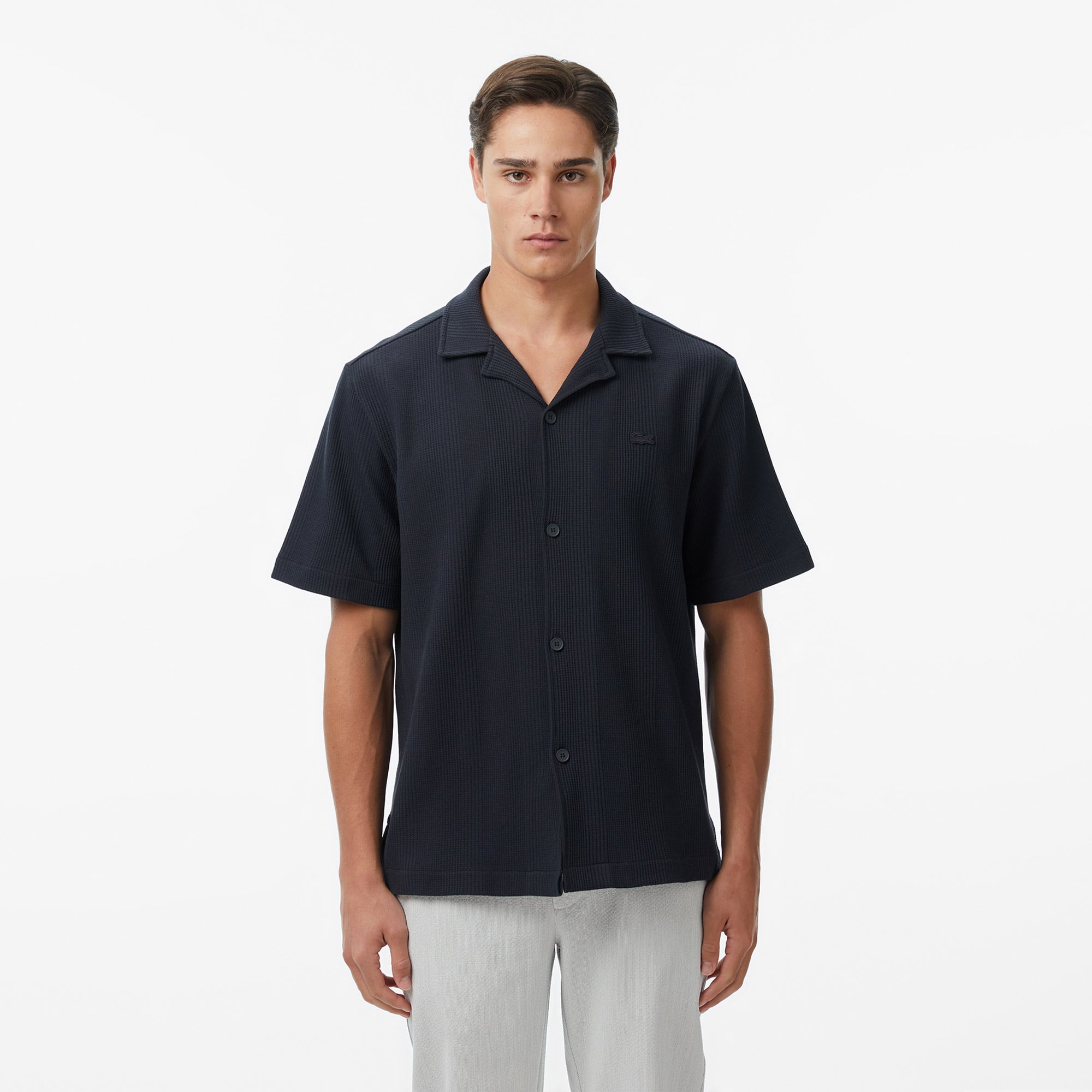Lacoste Erkek Relaxed Fit Kısa Kollu Çizgili Koyu Gri Gömlek