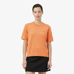 Kadın Relaxed Fit Truvakar Kollu Bisiklet Yaka Keten Turuncu Triko Bej