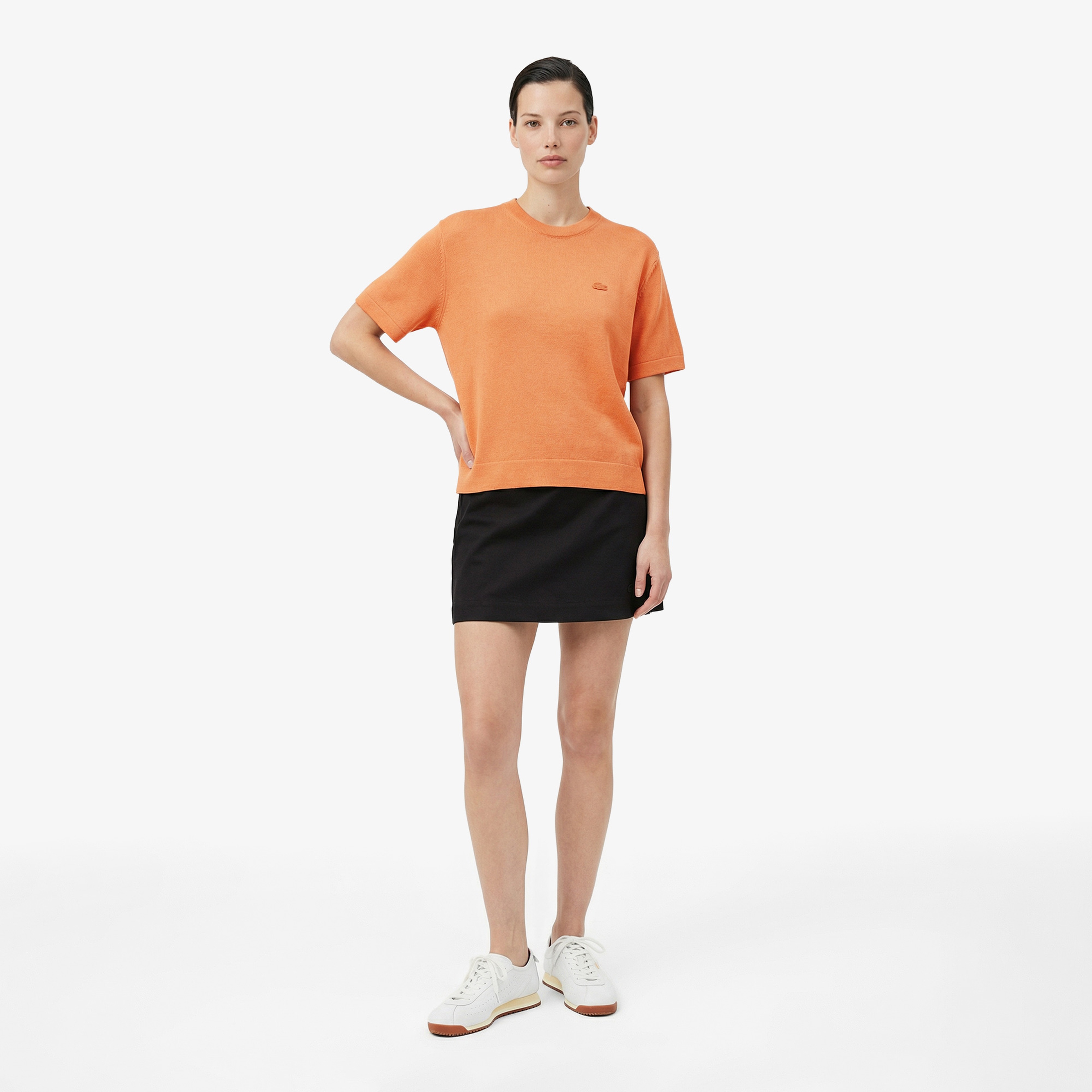 Kadın Relaxed Fit Truvakar Kollu Bisiklet Yaka Keten Turuncu Triko