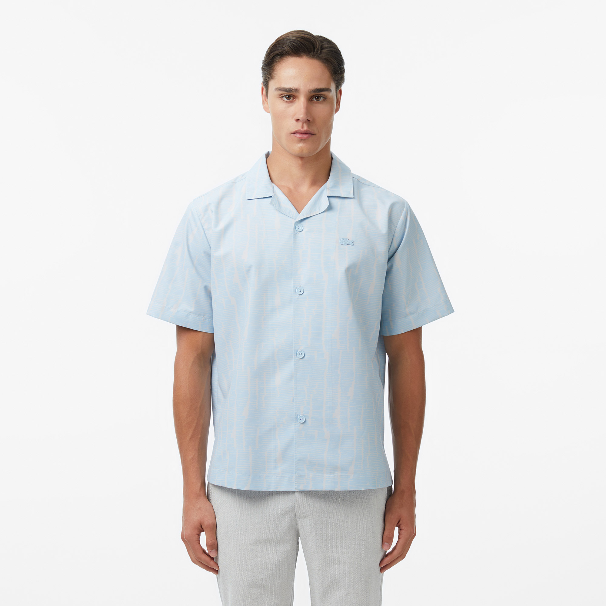 Lacoste Erkek Relaxed Fit Kısa Kollu Desenli Mavi Gömlek