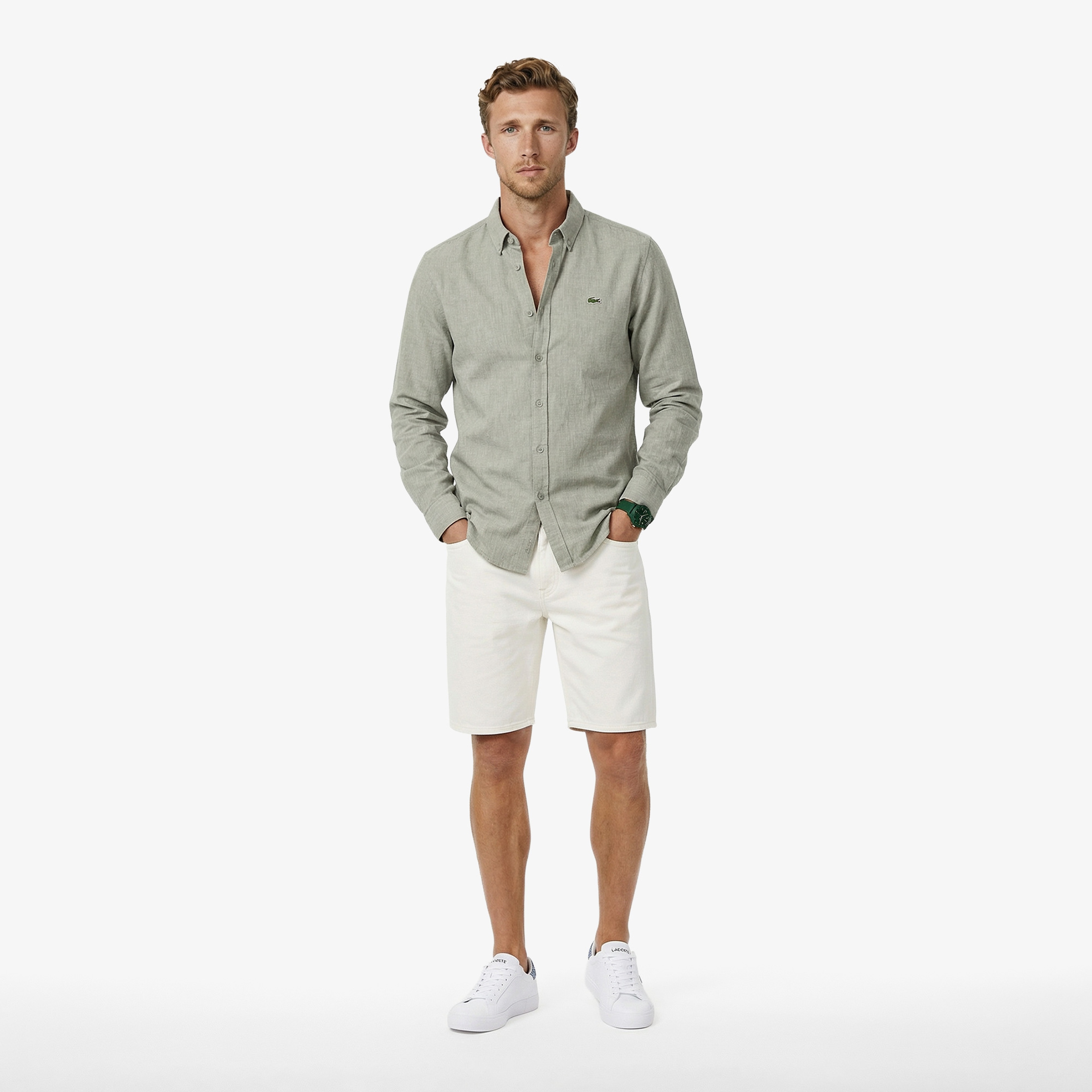 Erkek Regular Fit Düğmeli Yaka Haki Gömlek