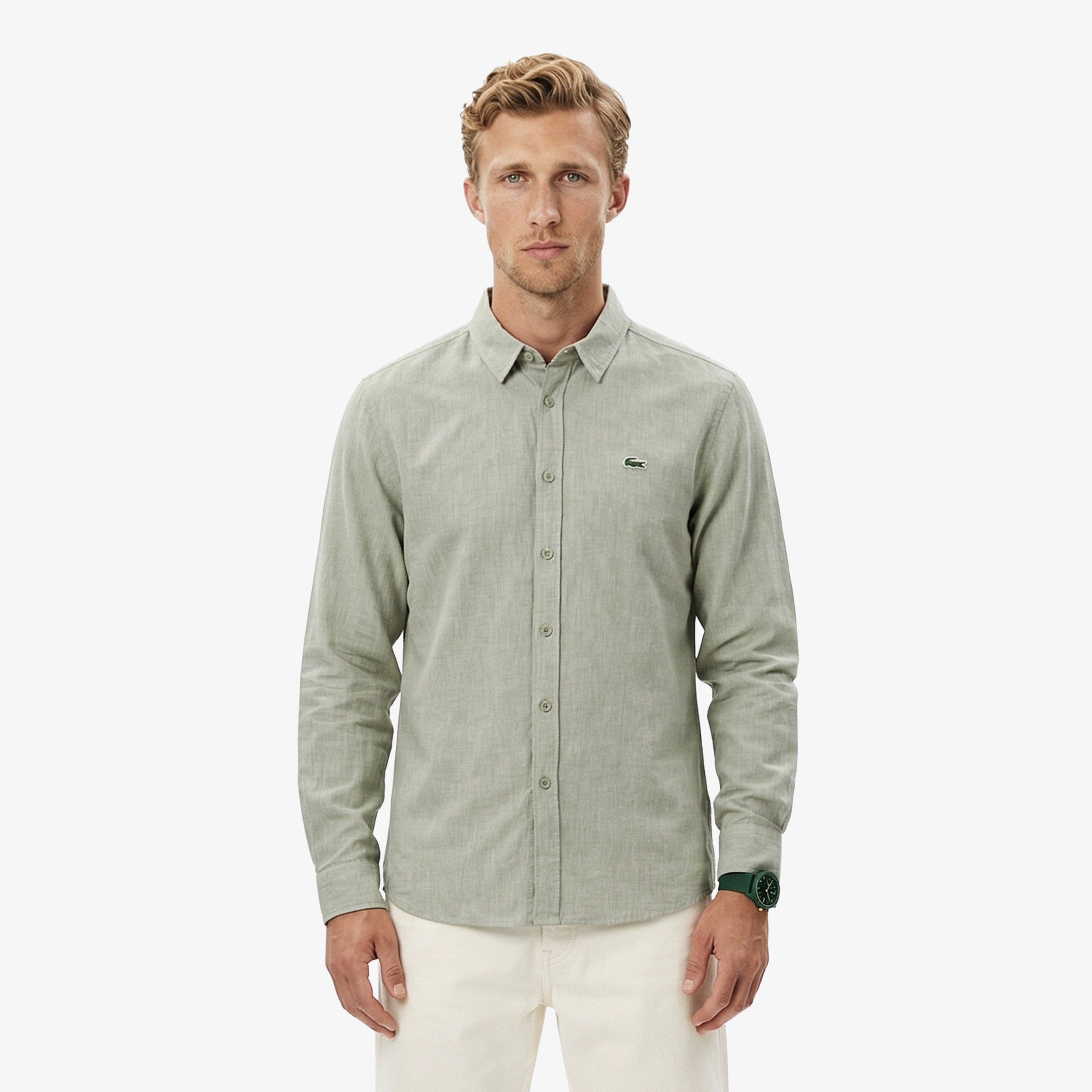 Erkek Regular Fit Düğmeli Yaka Haki Gömlek