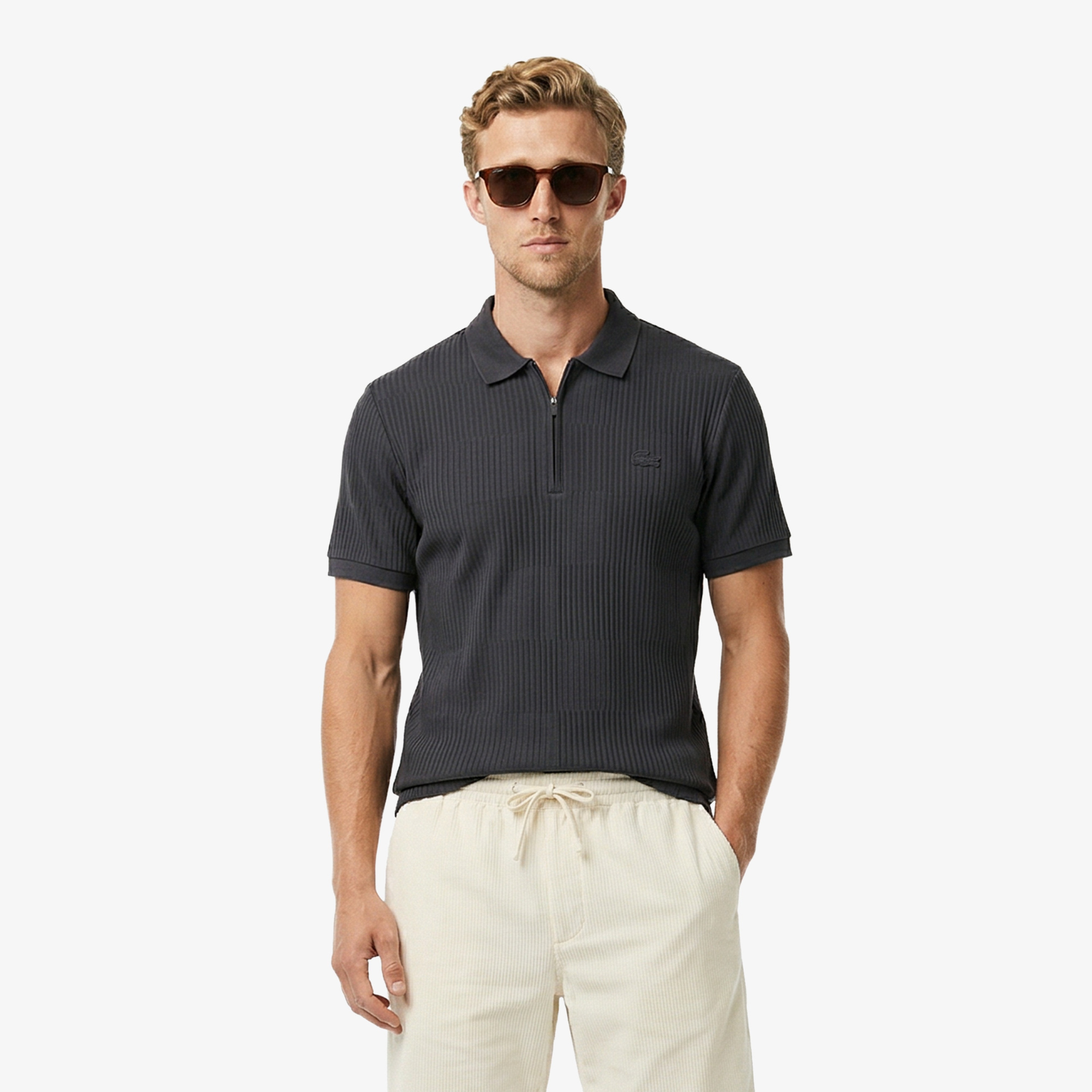 Erkek Regular Fit Polo Yaka Çizgili Koyu Gri Polo