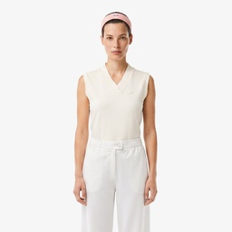 Kadın Slim Fit Kolsuz V Yaka Krem Bluz Krem