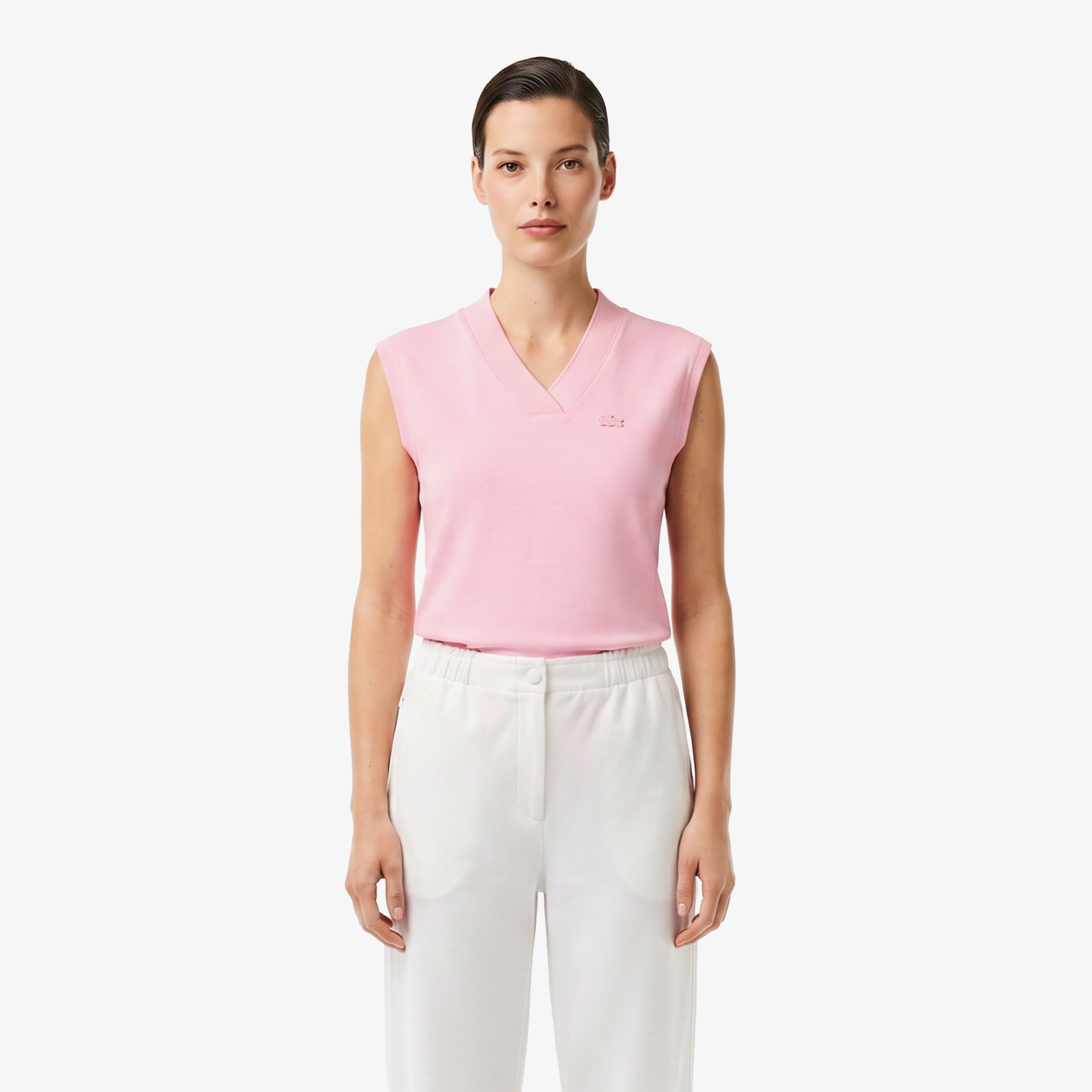 Kadın Slim Fit Kolsuz V Yaka Açık Pembe Bluz