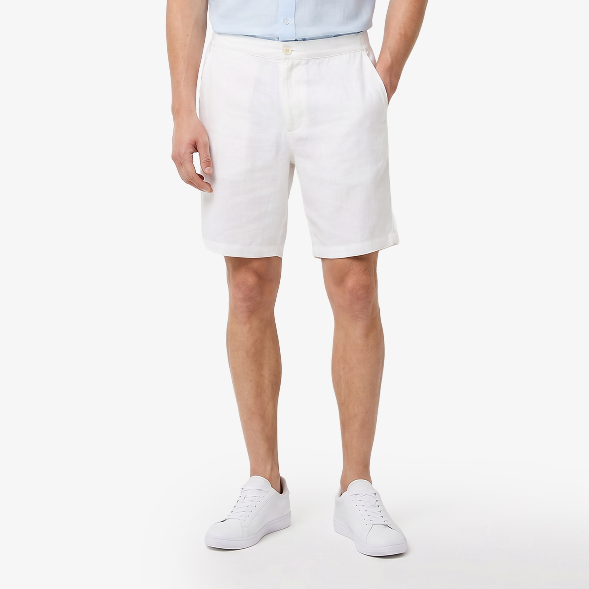 Erkek Tapered Fit Keten Beyaz Bermuda Şort