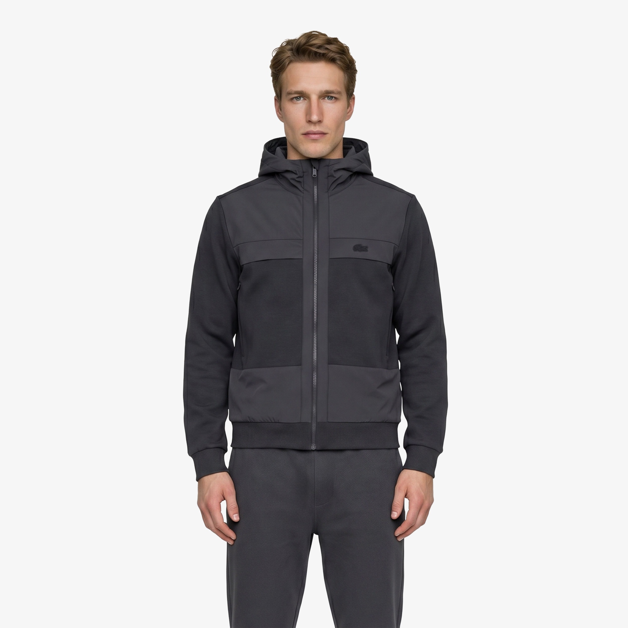 Erkek Regular Fit Dik Yaka Renk Bloklu Koyu Gri Sweatshirt