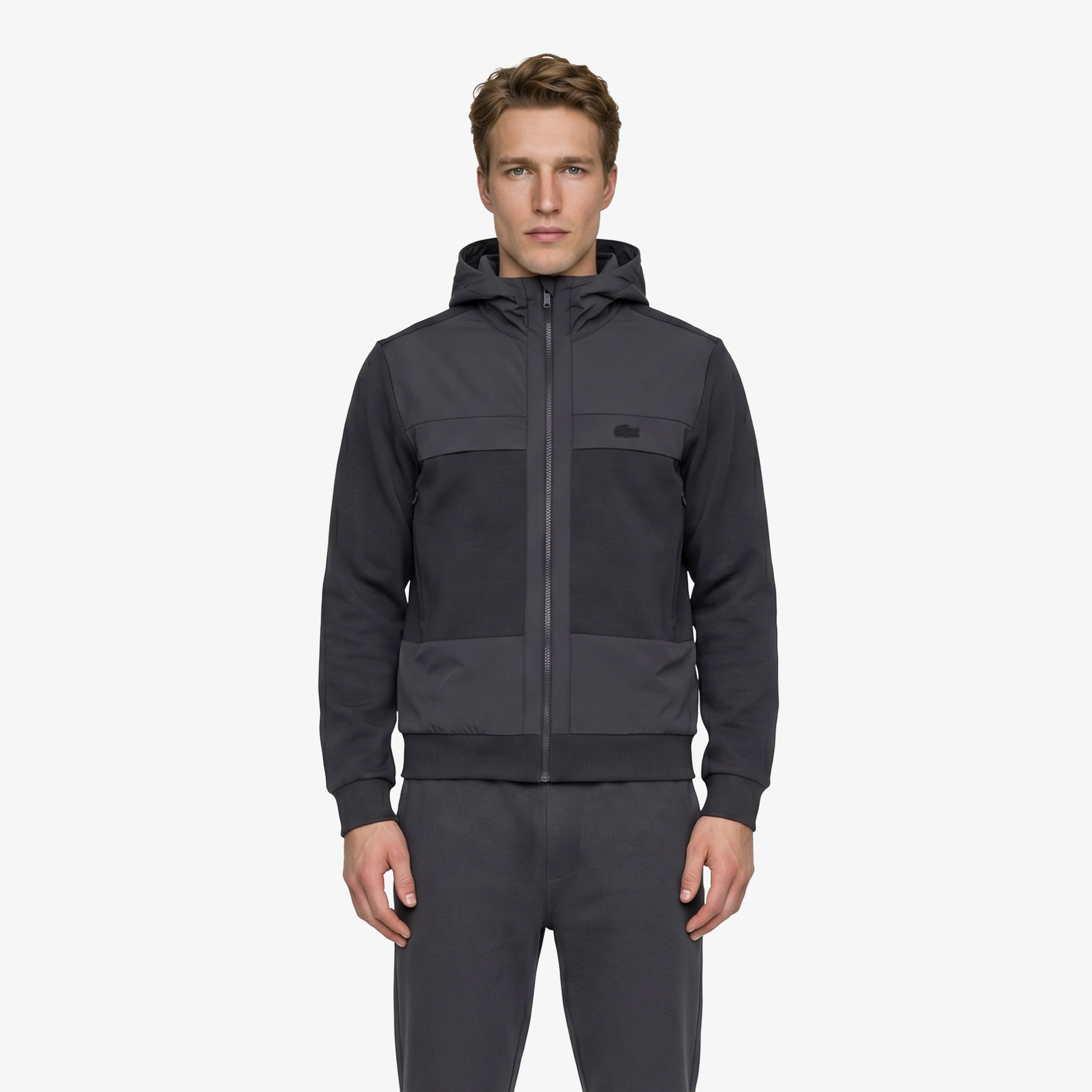 Erkek Regular Fit Dik Yaka Renk Bloklu Koyu Gri Sweatshirt